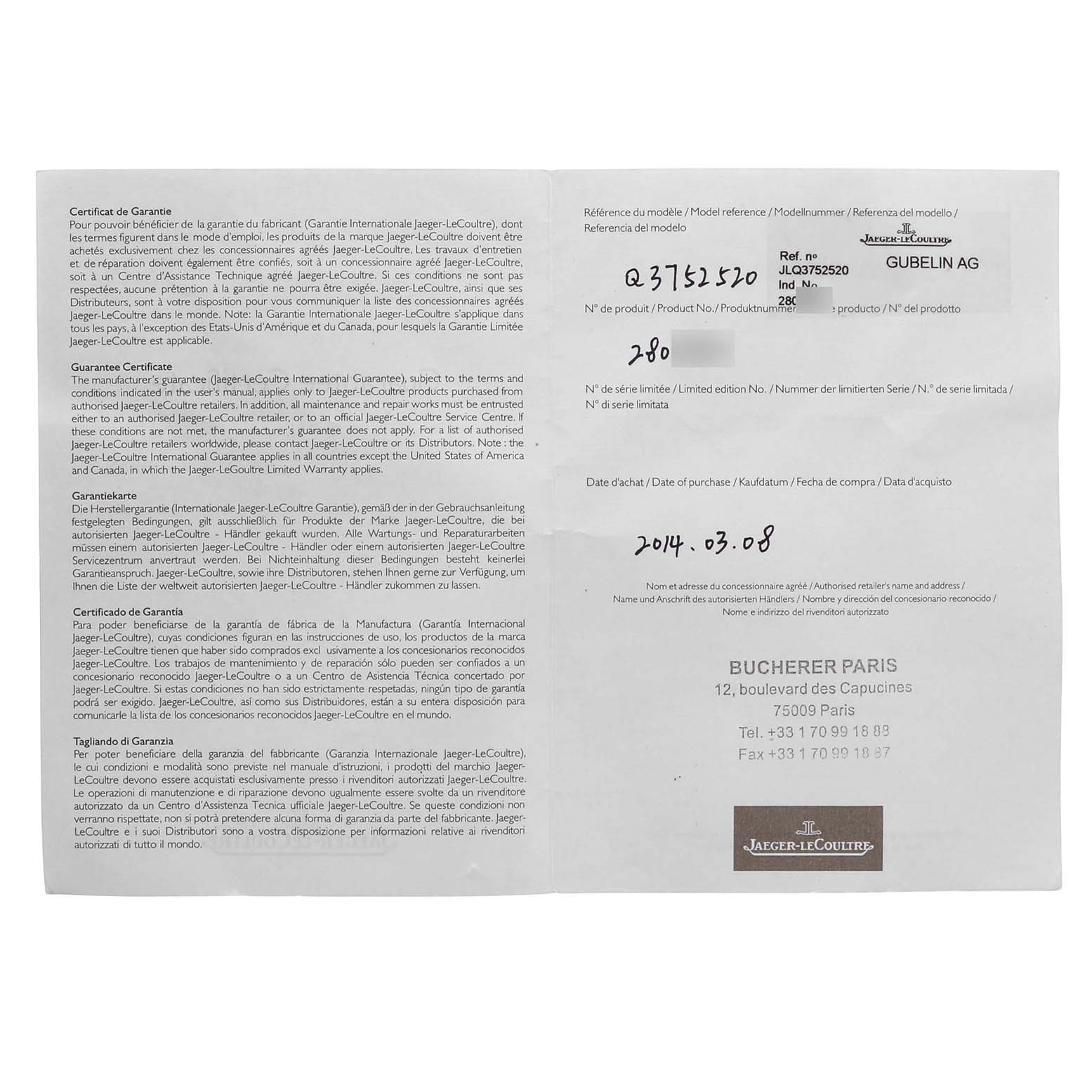The image shows a warranty certificate for a Jaeger-LeCoultre Reverso watch, including model and purchase details.