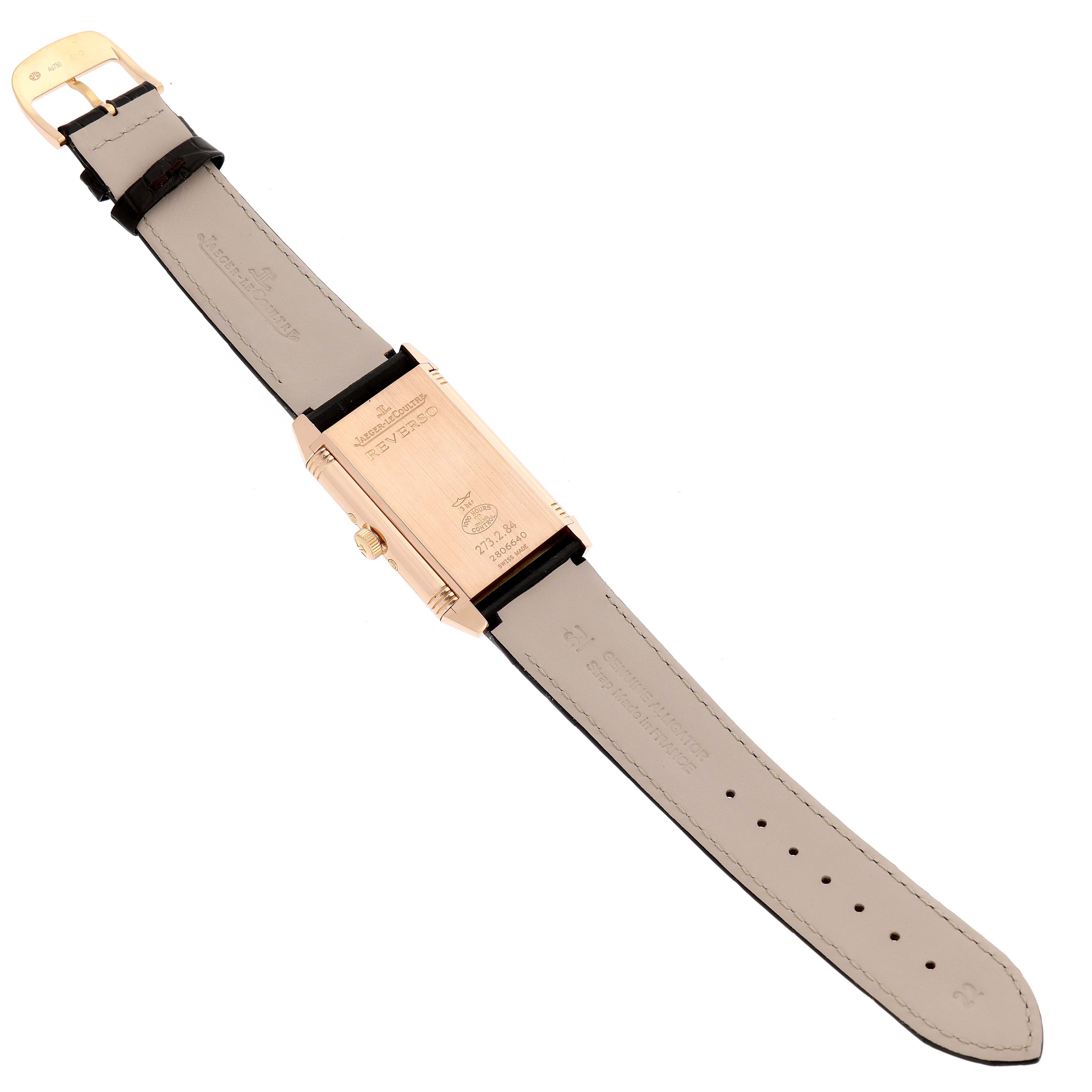 The image shows the back of the Jaeger LeCoultre Reverso Q3752520 Men's Rose Gold Silver Dial watch, including the strap and clasp.