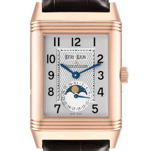 The image shows a front view of a Jaeger LeCoultre Reverso Q3752520 Men's Rose Gold Silver Dial watch, highlighting the dial with date and moon phase features.