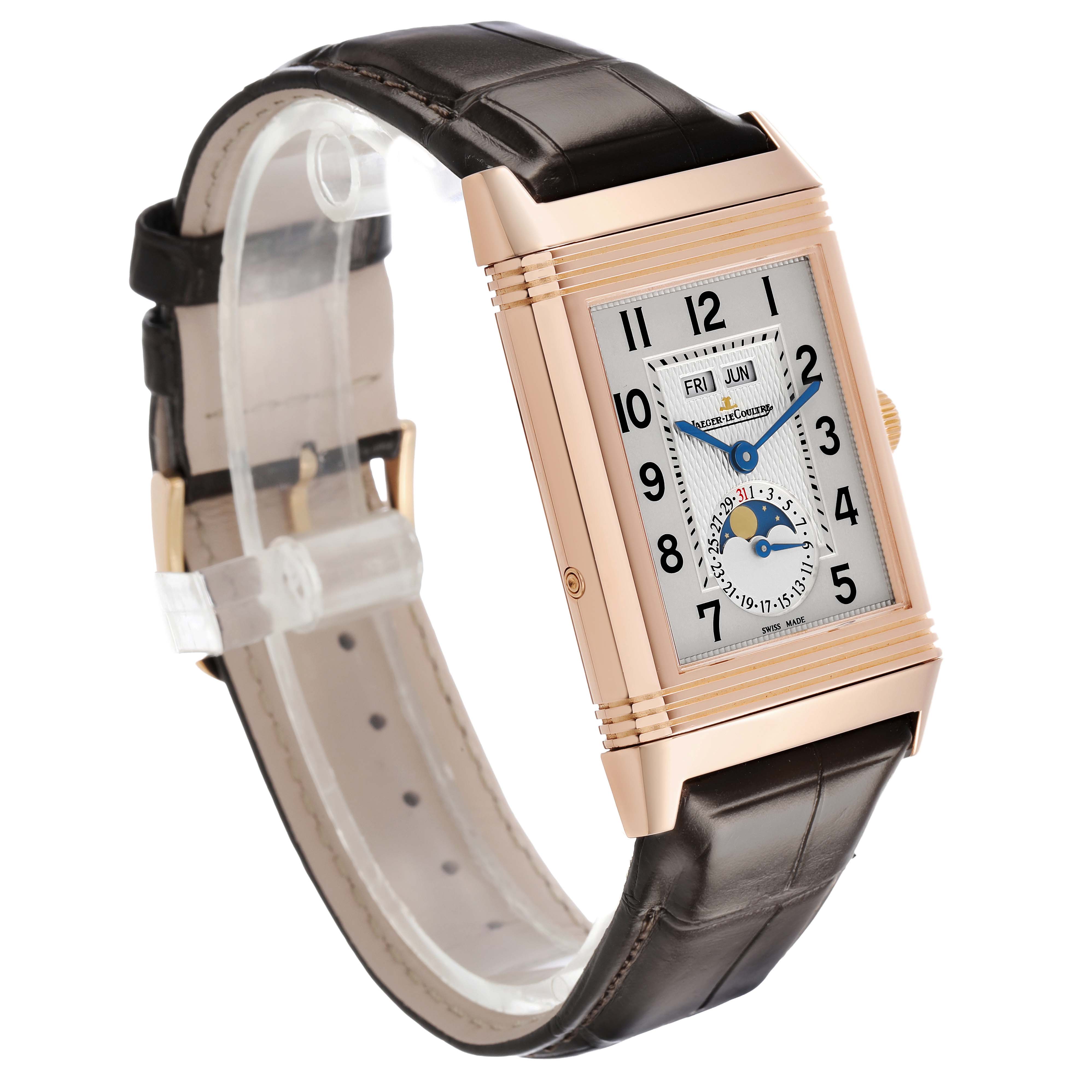 The Jaeger LeCoultre Reverso Q3752520 Men's Rose Gold Silver Dial watch is shown from a front-side angle, displaying its rectangular face and leather strap.