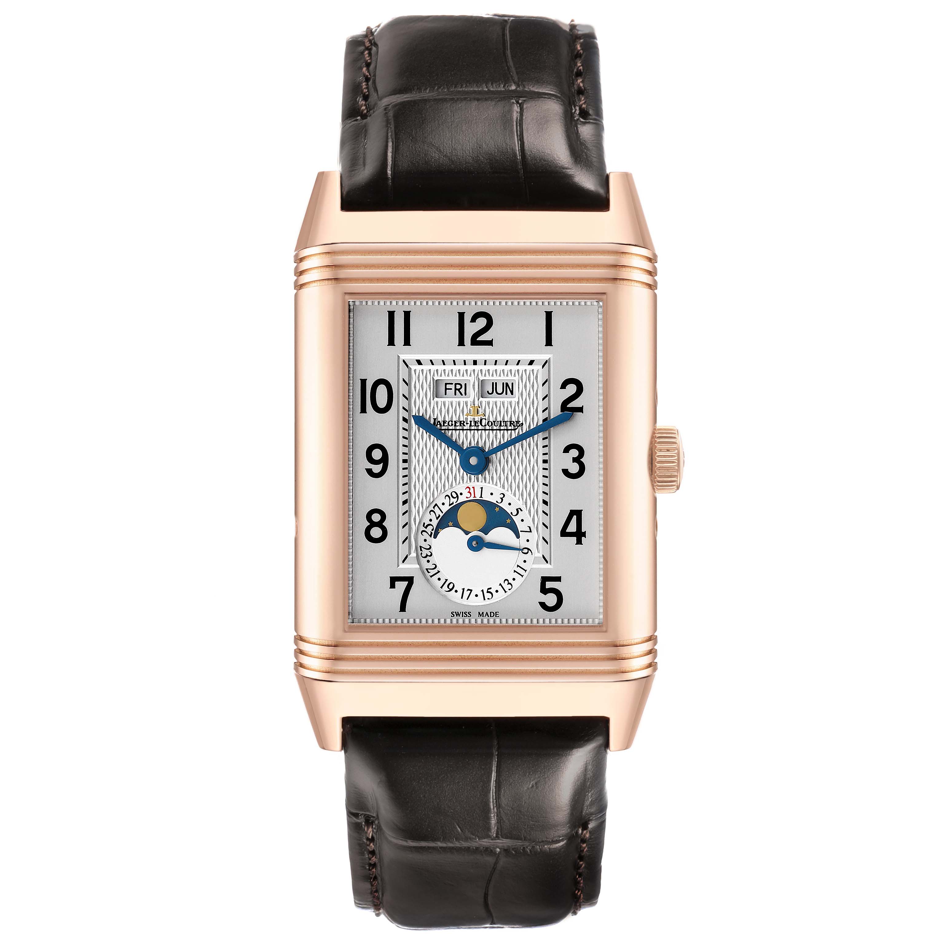 The Jaeger-LeCoultre Reverso watch is shown from the front, displaying its dial, hands, and strap.