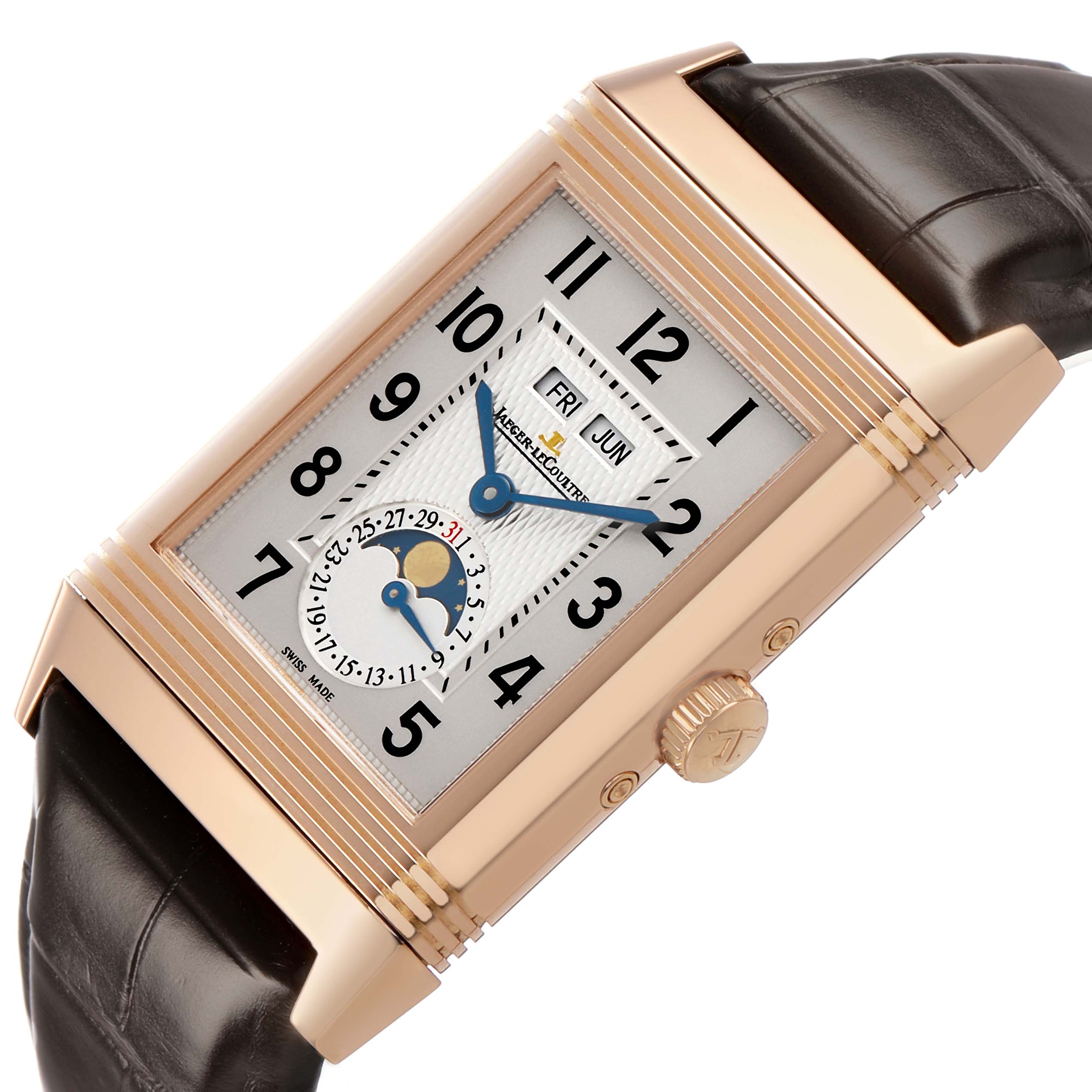 The Jaeger LeCoultre Reverso Q3752520 Men's Rose Gold Silver Dial watch is shown at a slight angle highlighting the dial, case, crown, and leather strap.