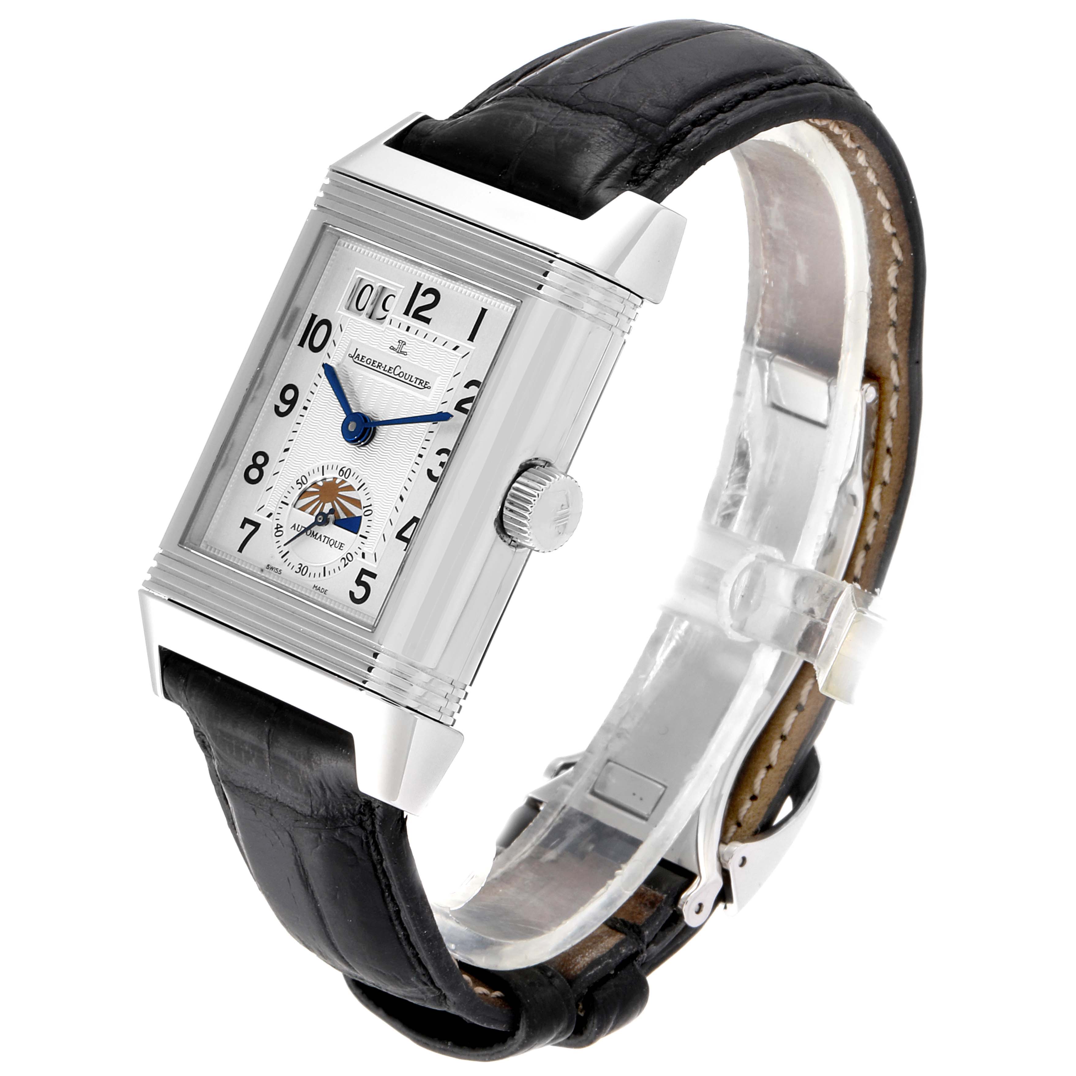 The Jaeger LeCoultre Reverso Q3038420 Men's Stainless Steel Silver Dial Q3038420 Men's Stainless Steel Silver Dial watch is shown at a three-quarter angle, highlighting its rectangular face, crown, and leather strap.