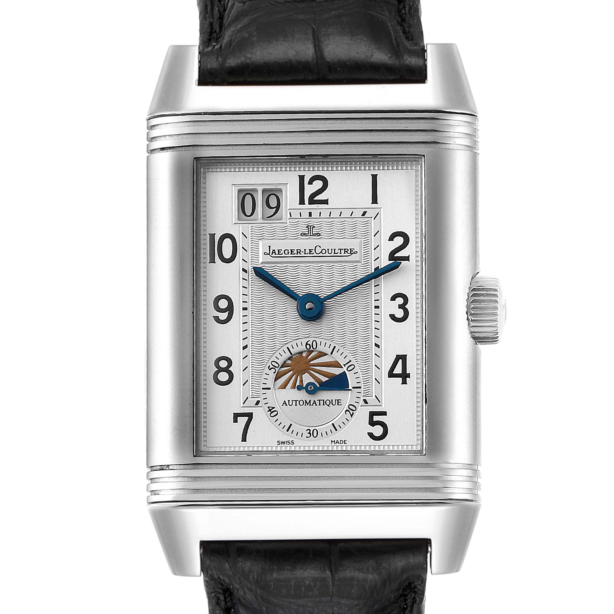 The image shows a front view of the Jaeger LeCoultre Reverso Q3038420 Men's Stainless Steel Silver Dial Q3038420 Men's Stainless Steel Silver Dial watch, highlighting the dial, hands, date window, and part of the leather strap.