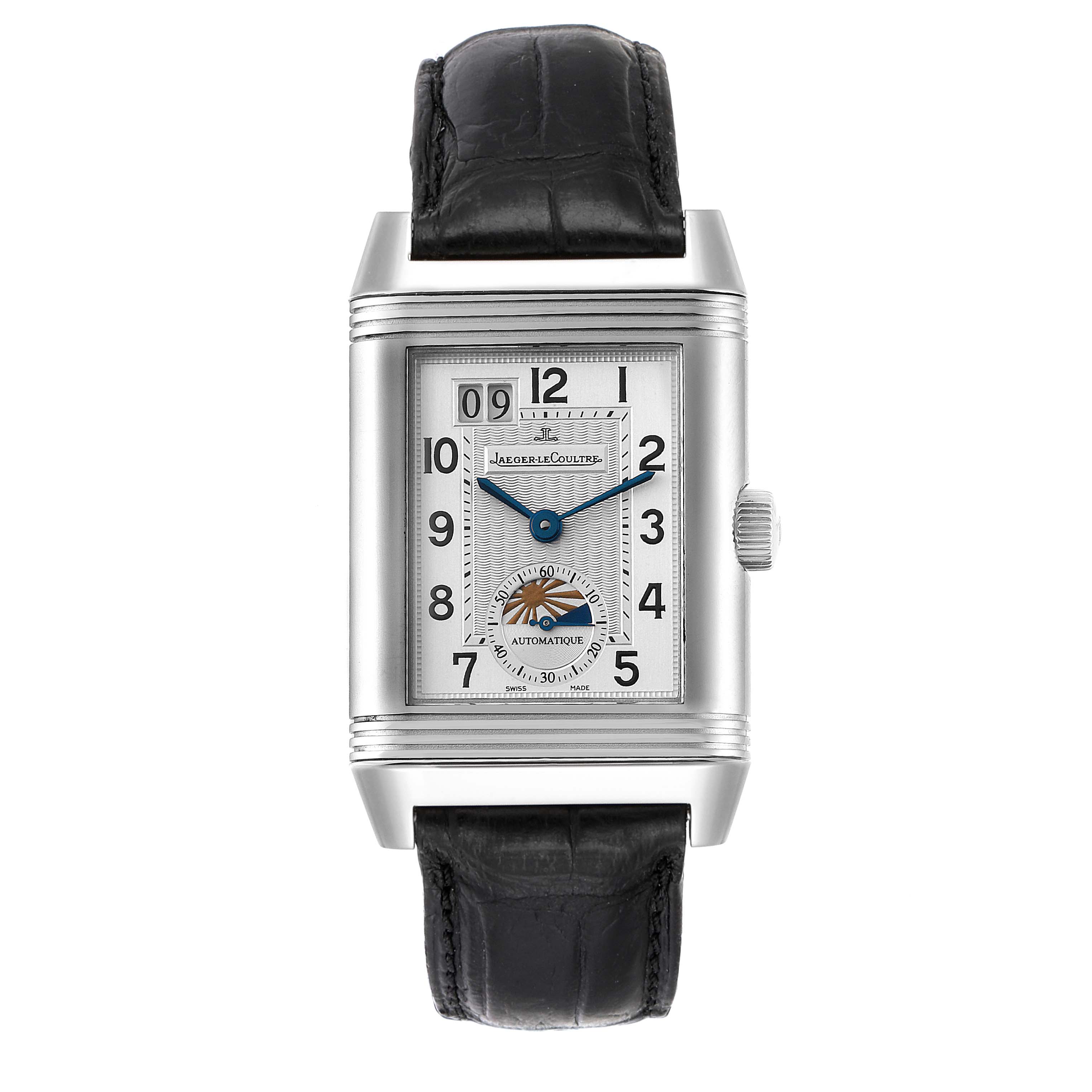 This image shows the front face of a Jaeger LeCoultre Reverso Q3038420 Men's Stainless Steel Silver Dial Q3038420 Men's Stainless Steel Silver Dial watch with a black leather strap.