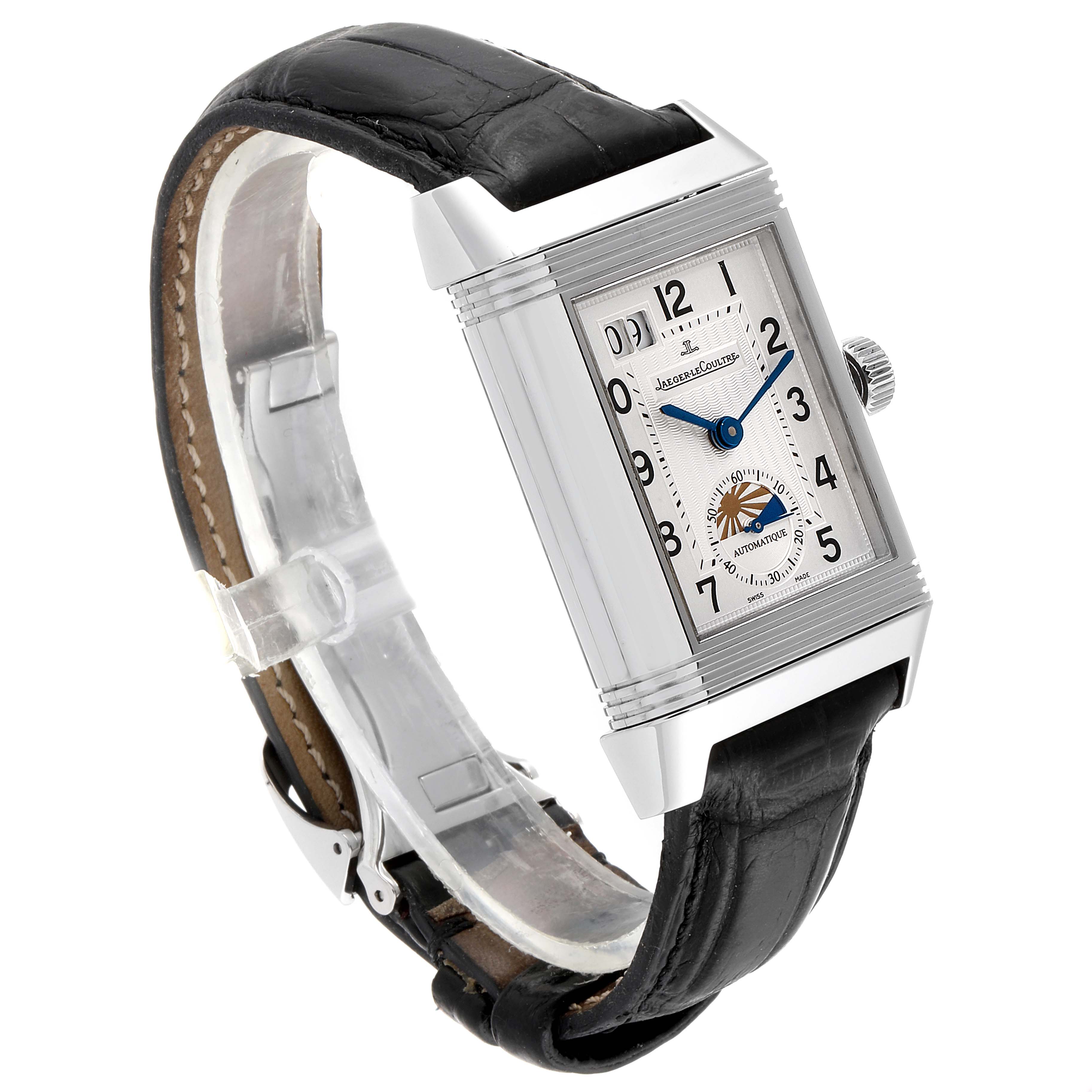 A Jaeger LeCoultre Reverso Q3038420 Men's Stainless Steel Silver Dial Q3038420 Men's Stainless Steel Silver Dial watch shown at an angle highlighting the rectangular face, black strap, and side crown.