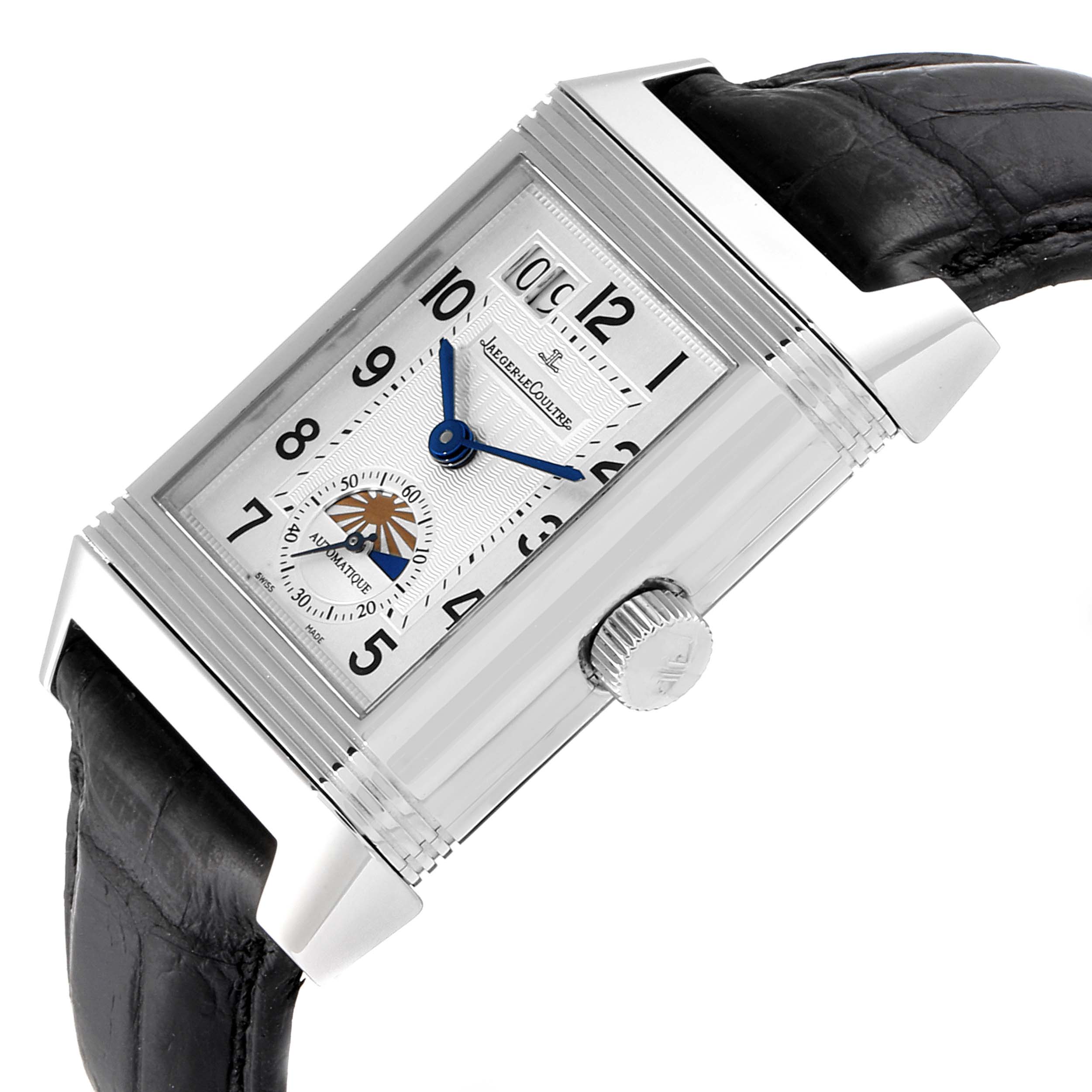 The image shows a Jaeger-LeCoultre Reverso watch at an angle displaying the dial, crown, and part of the strap.