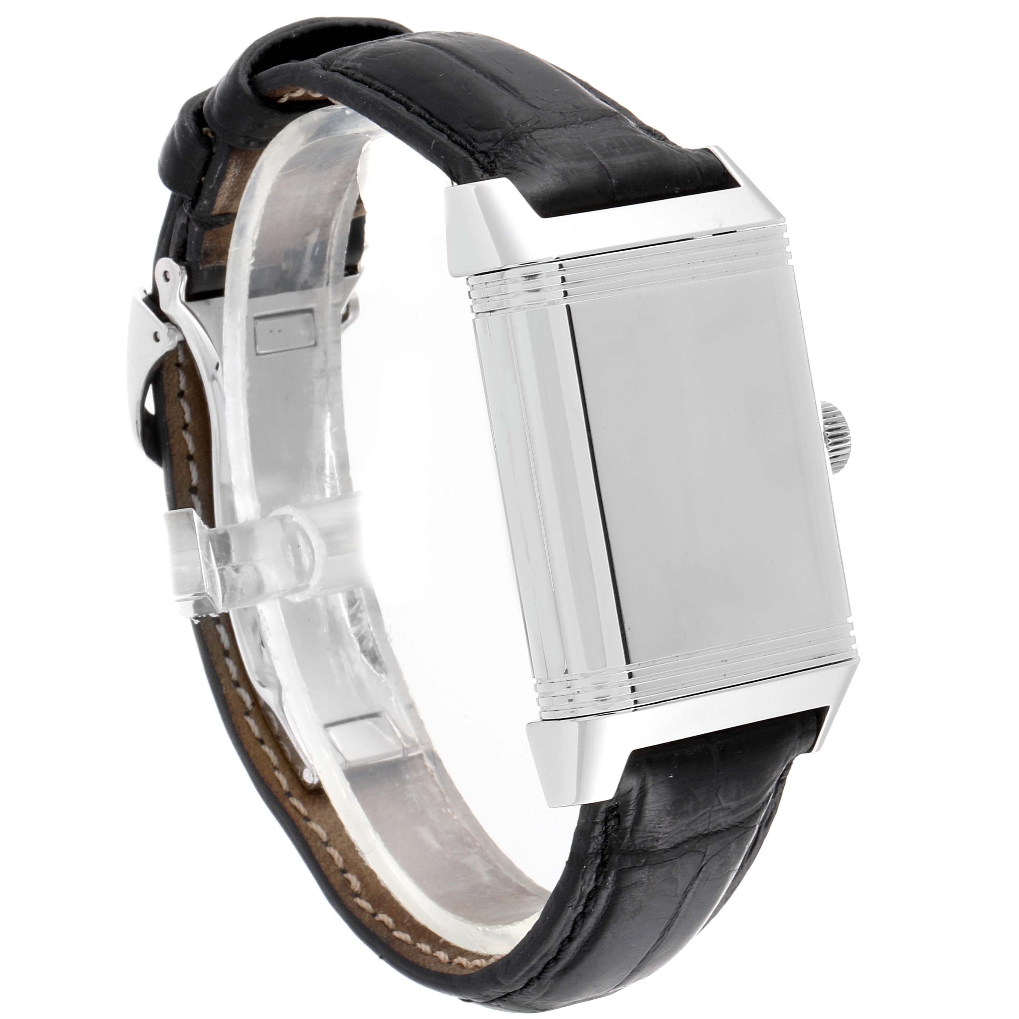 The image shows the side and partial strap of a Jaeger LeCoultre Reverso Q3038420 Men's Stainless Steel Silver Dial Q3038420 Men's Stainless Steel Silver Dial watch.