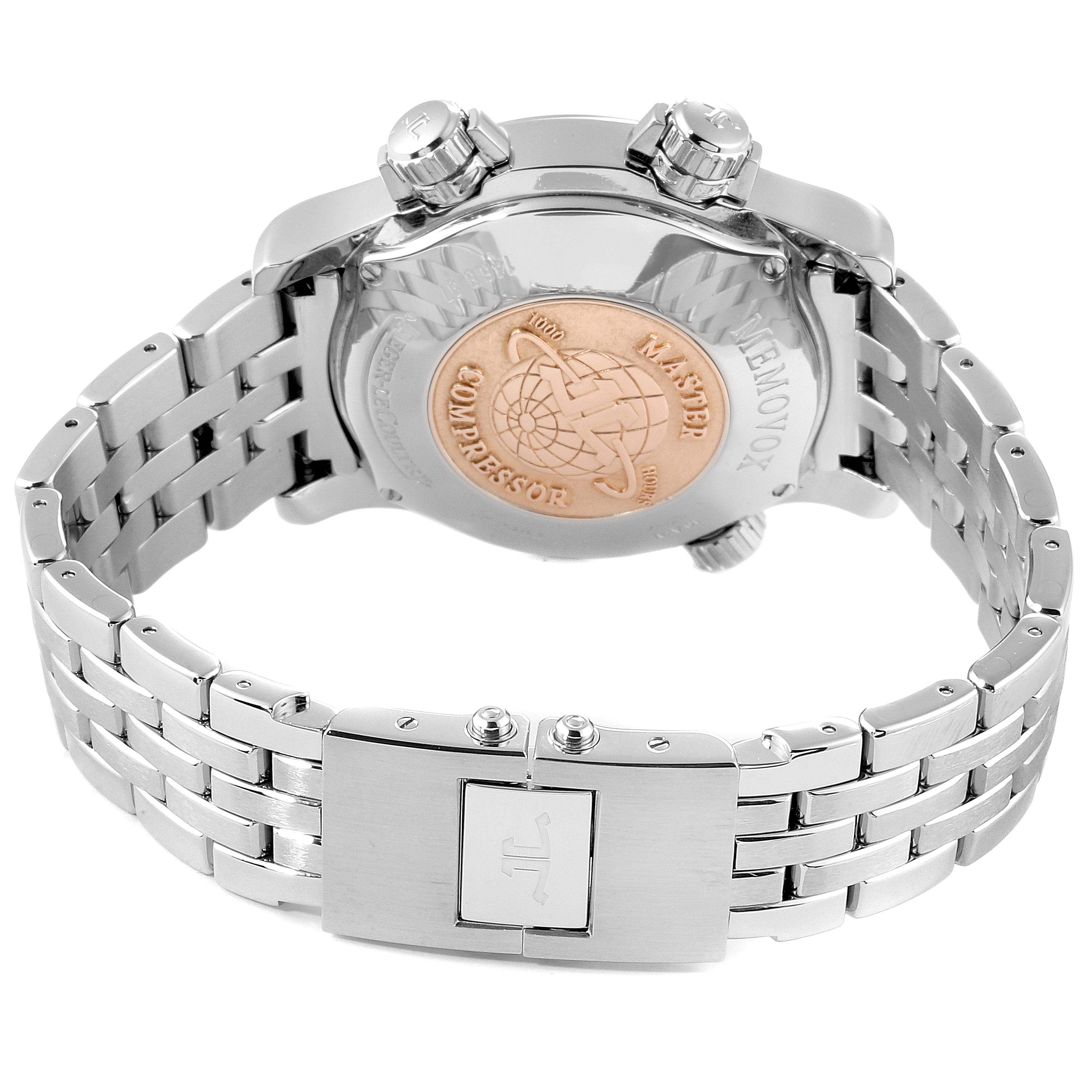 The image shows the back view of the Jaeger LeCoultre Master 146.8.97 Q1708170 Men's Stainless Steel Black Dial 146.8.97 Q1708170 Men's Stainless Steel Black Dial Compressor watch, highlighting its case back, crown, and bracelet.