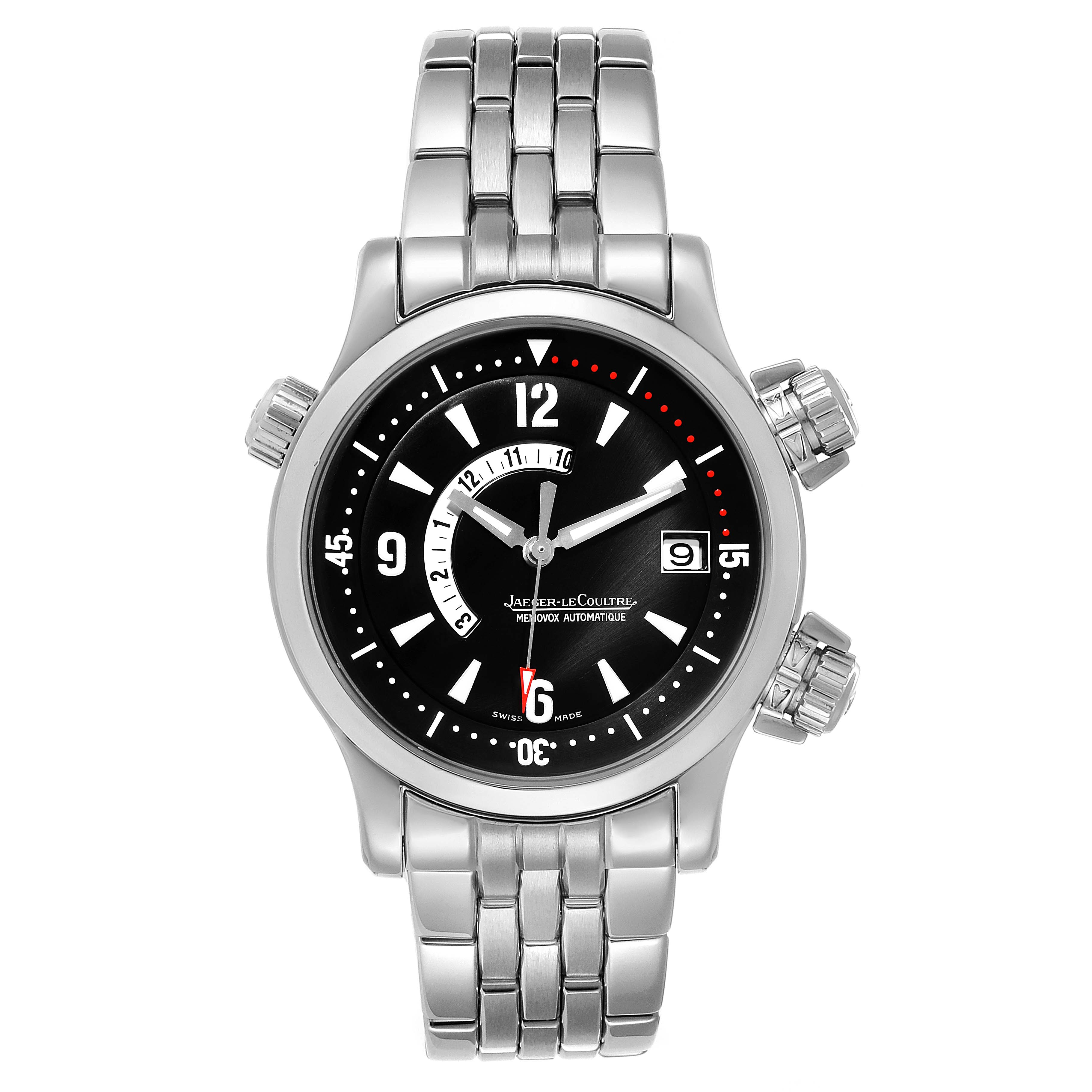 The image displays a front view of the Jaeger-LeCoultre Master model watch, showcasing its dial, bracelet, and pushers.