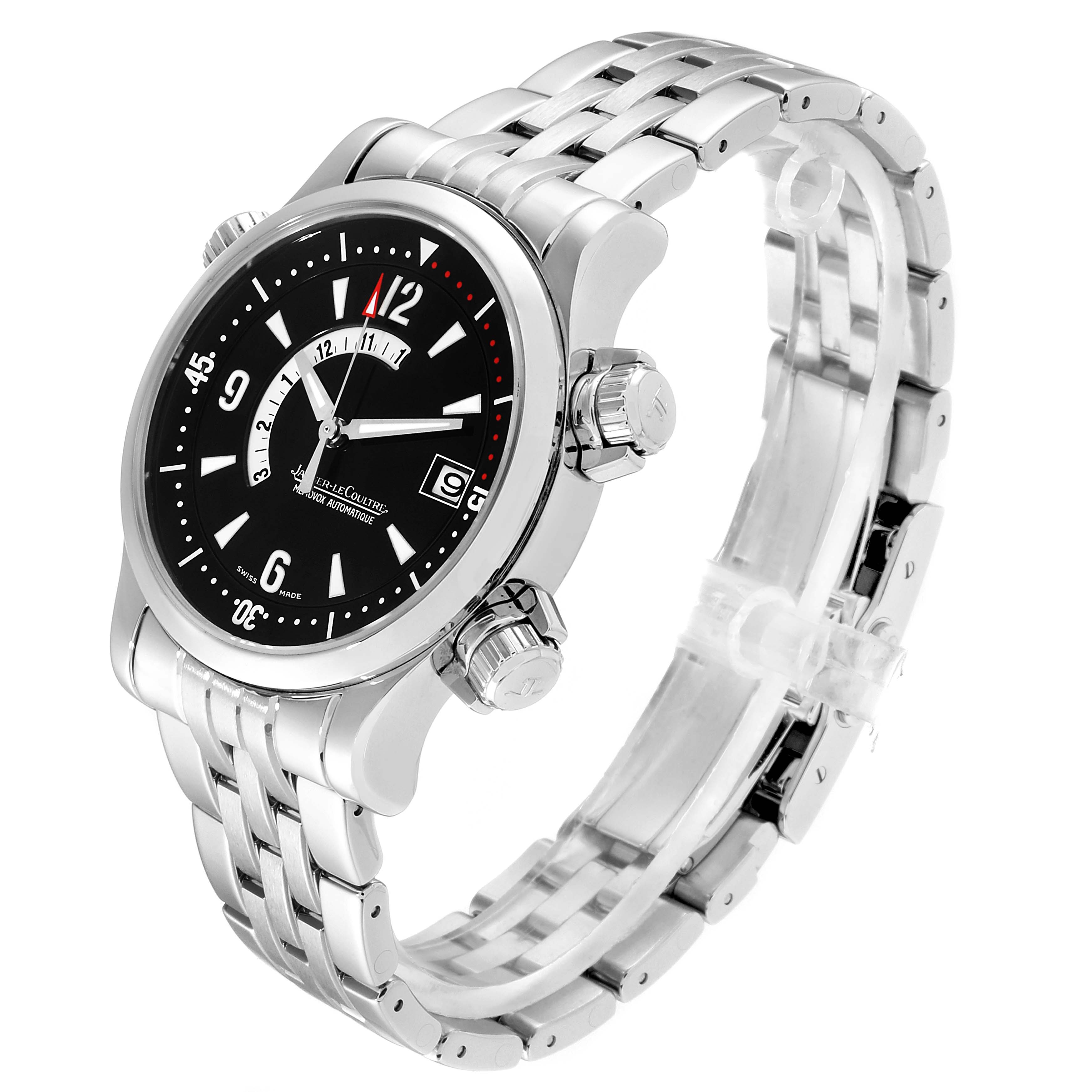 The image shows a Jaeger LeCoultre Master 146.8.97 Q1708170 Men's Stainless Steel Black Dial 146.8.97 Q1708170 Men's Stainless Steel Black Dial model watch from a three-quarter angle, highlighting its face, crown, and stainless steel bracelet.