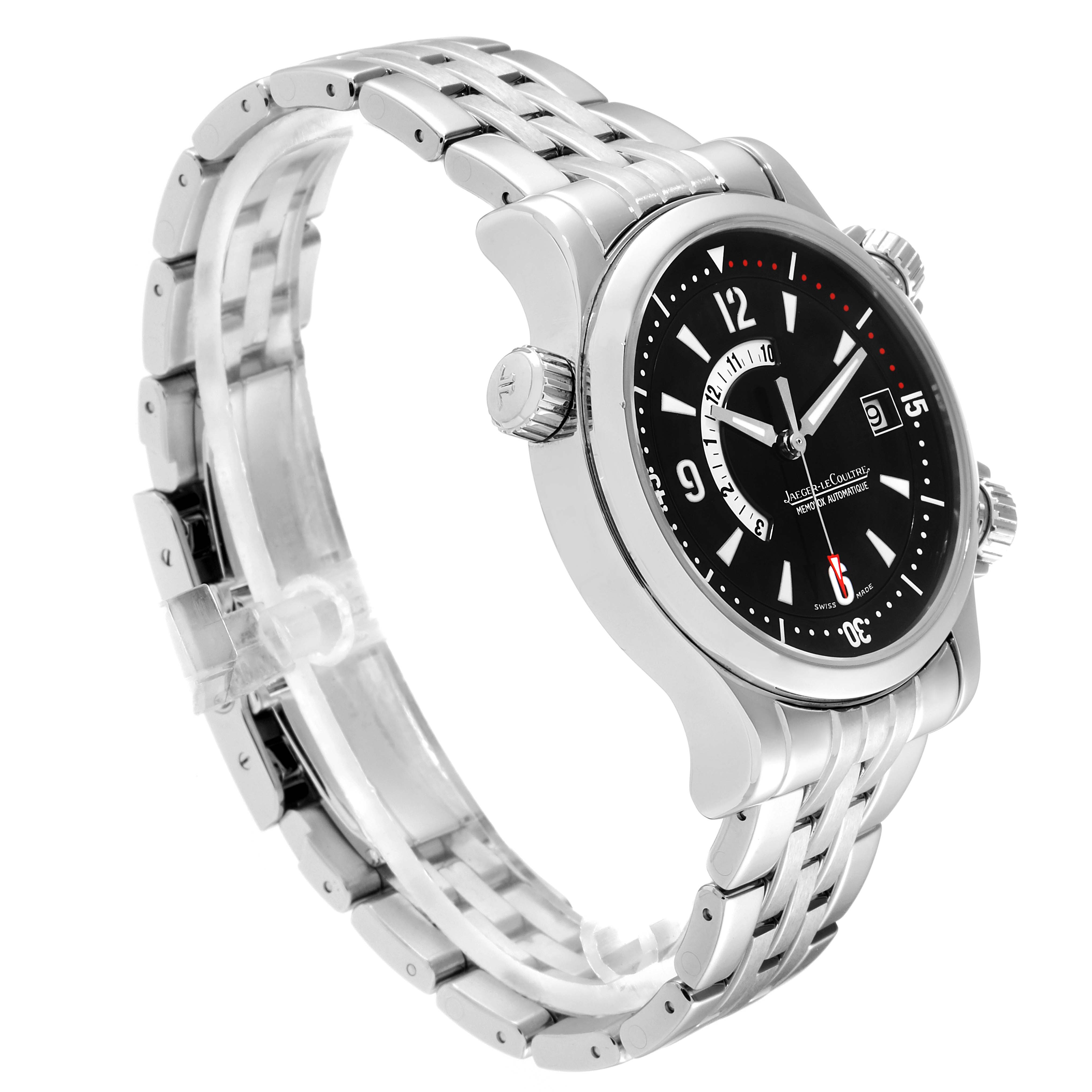 This image shows a side angle of the Jaeger-LeCoultre Master model watch, featuring its black dial, steel bracelet, and two crowns.