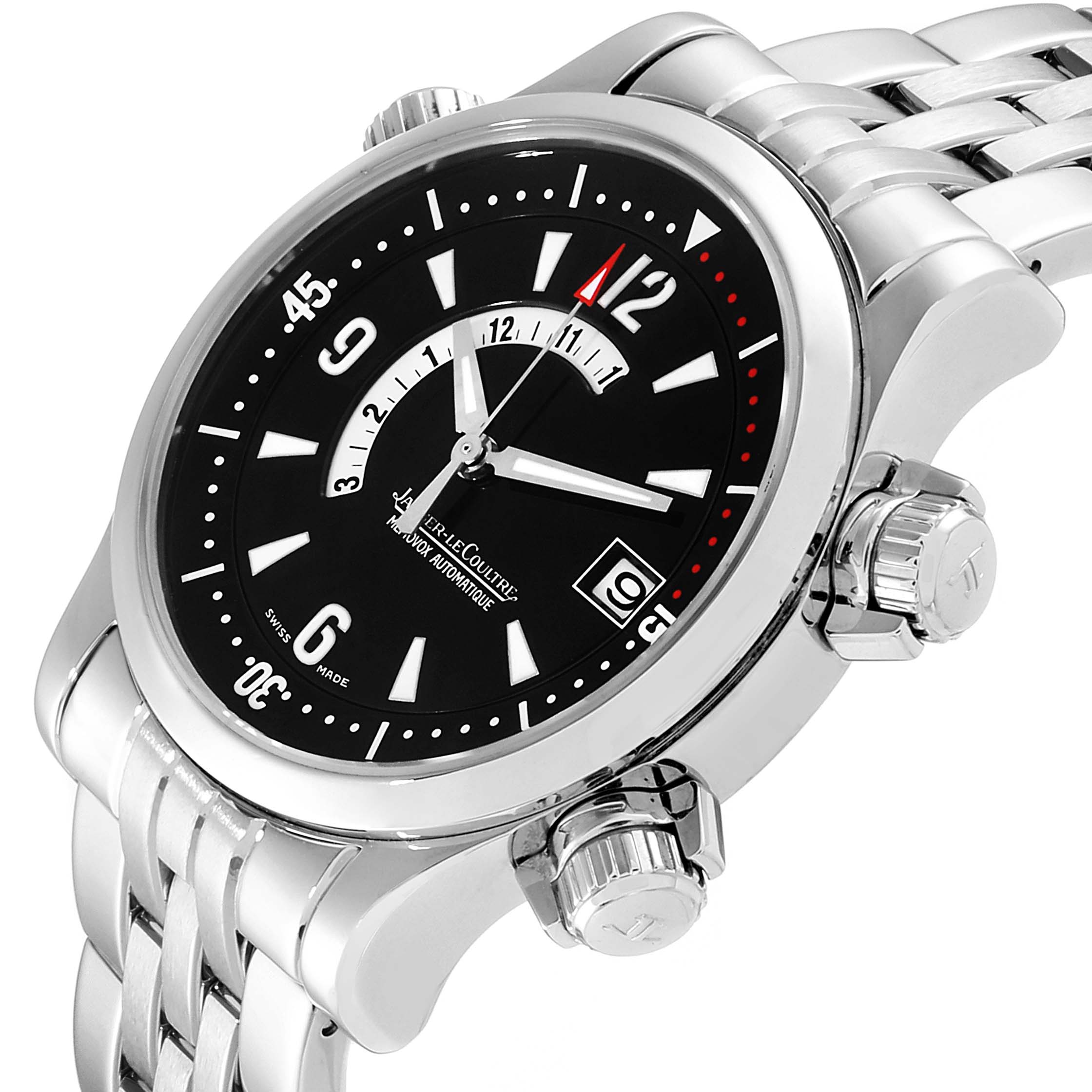 The image shows a Jaeger-LeCoultre Master model watch from an angled front view, highlighting its dial, crown, and stainless steel bracelet.