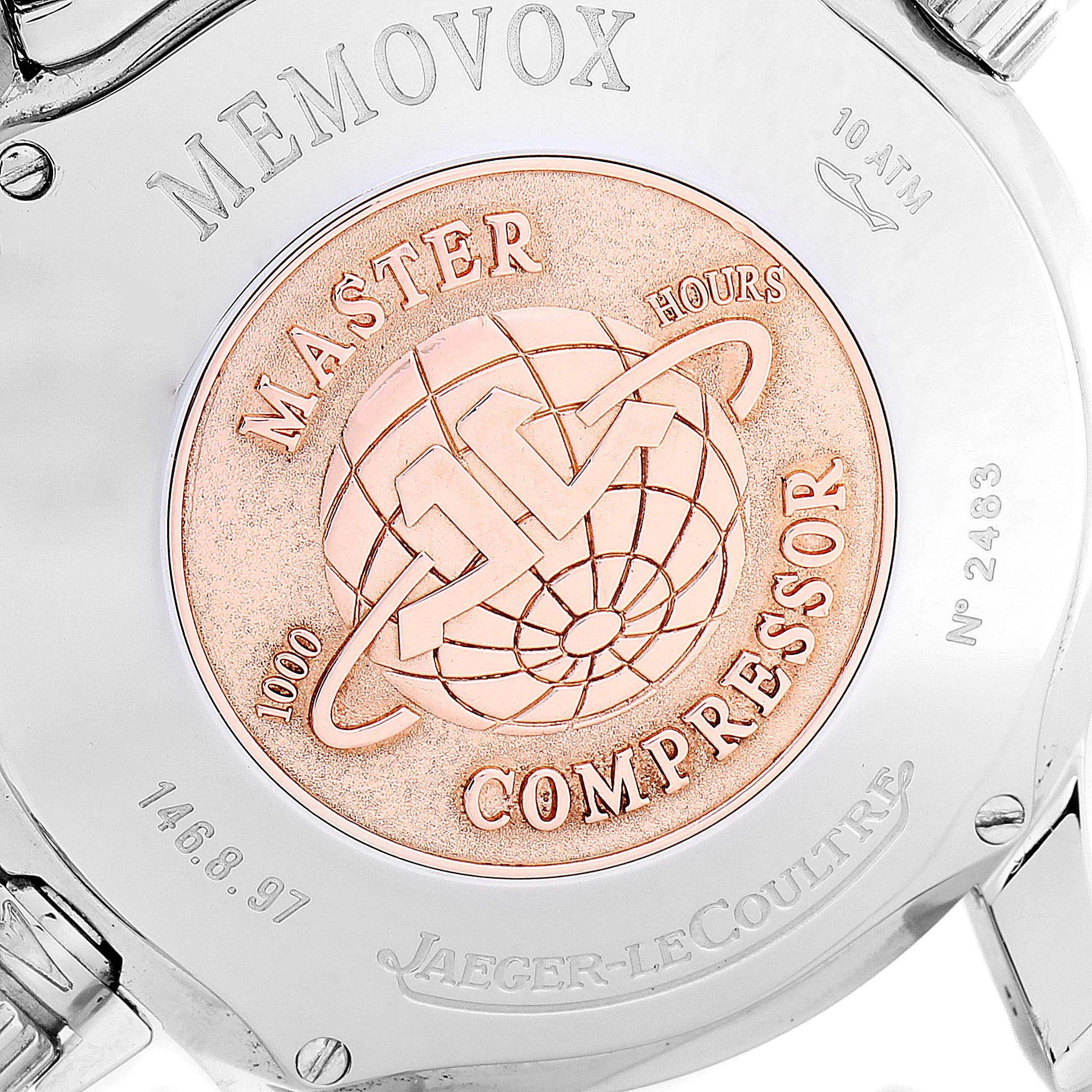 This image shows the back of a Jaeger-LeCoultre Master Compressor watch, displaying its engravings and medallion.