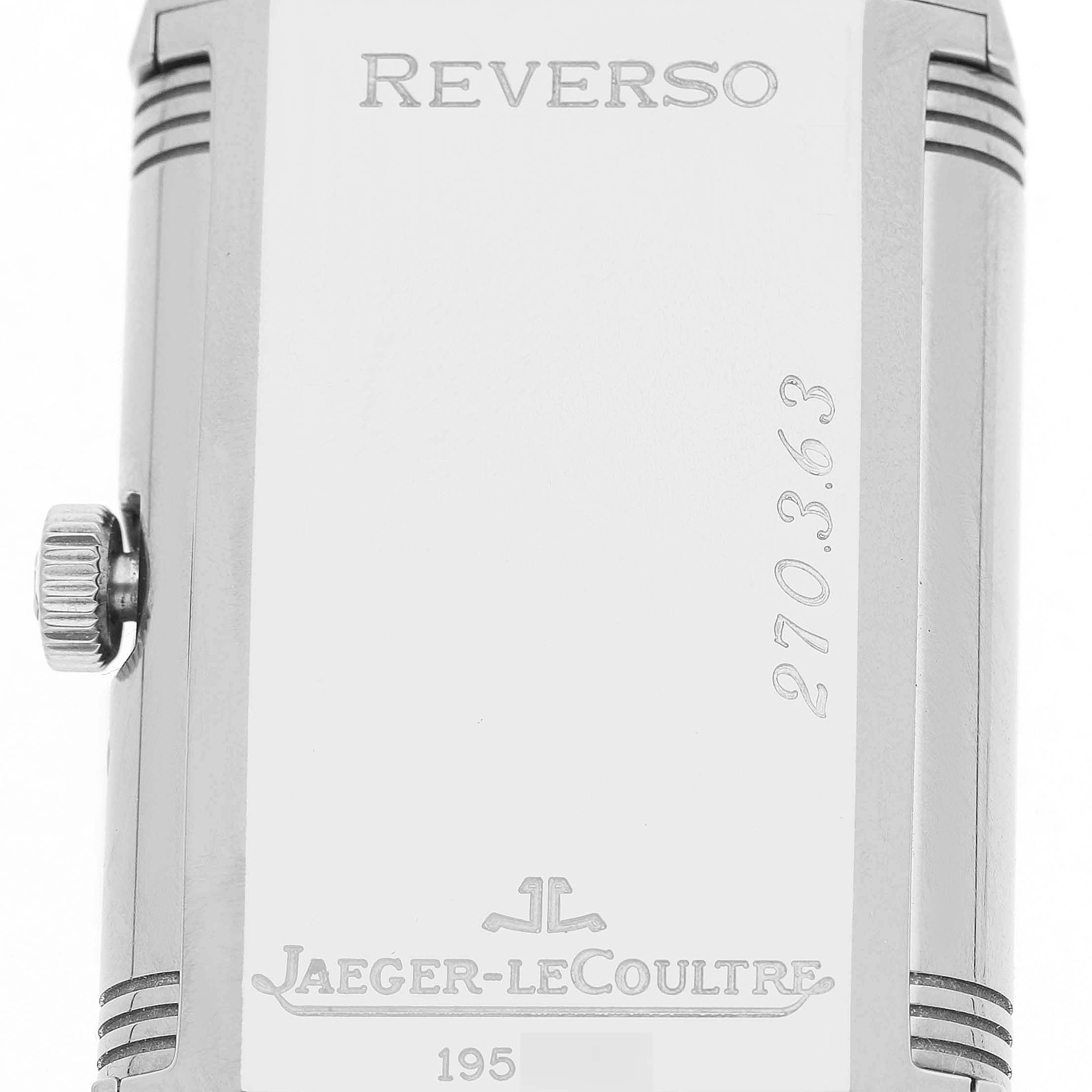 The image shows the back of the Jaeger-LeCoultre Reverso watch, highlighting the logo and model details.