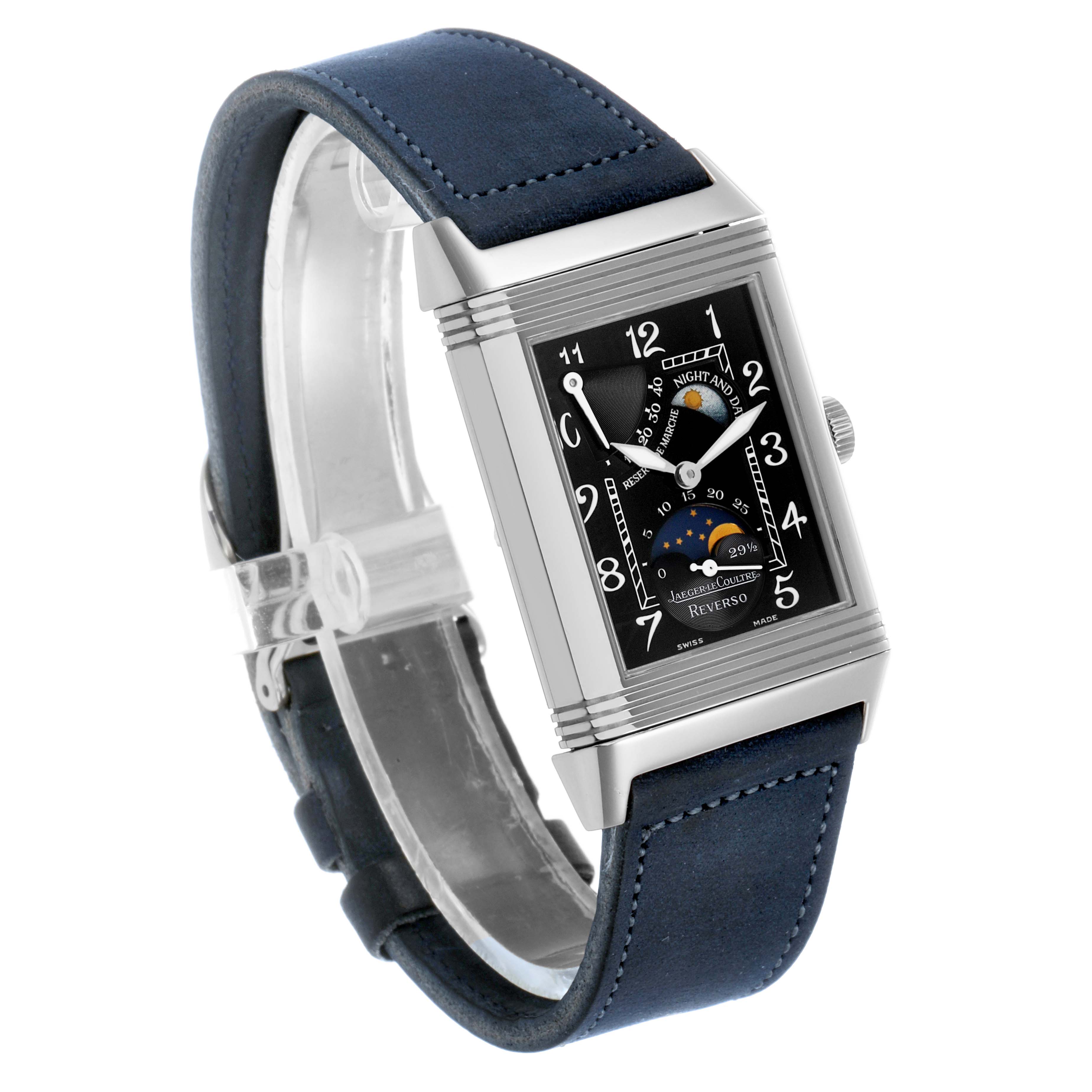 The Jaeger-LeCoultre Reverso watch is shown at a slight angle, highlighting the dial, case, and strap.