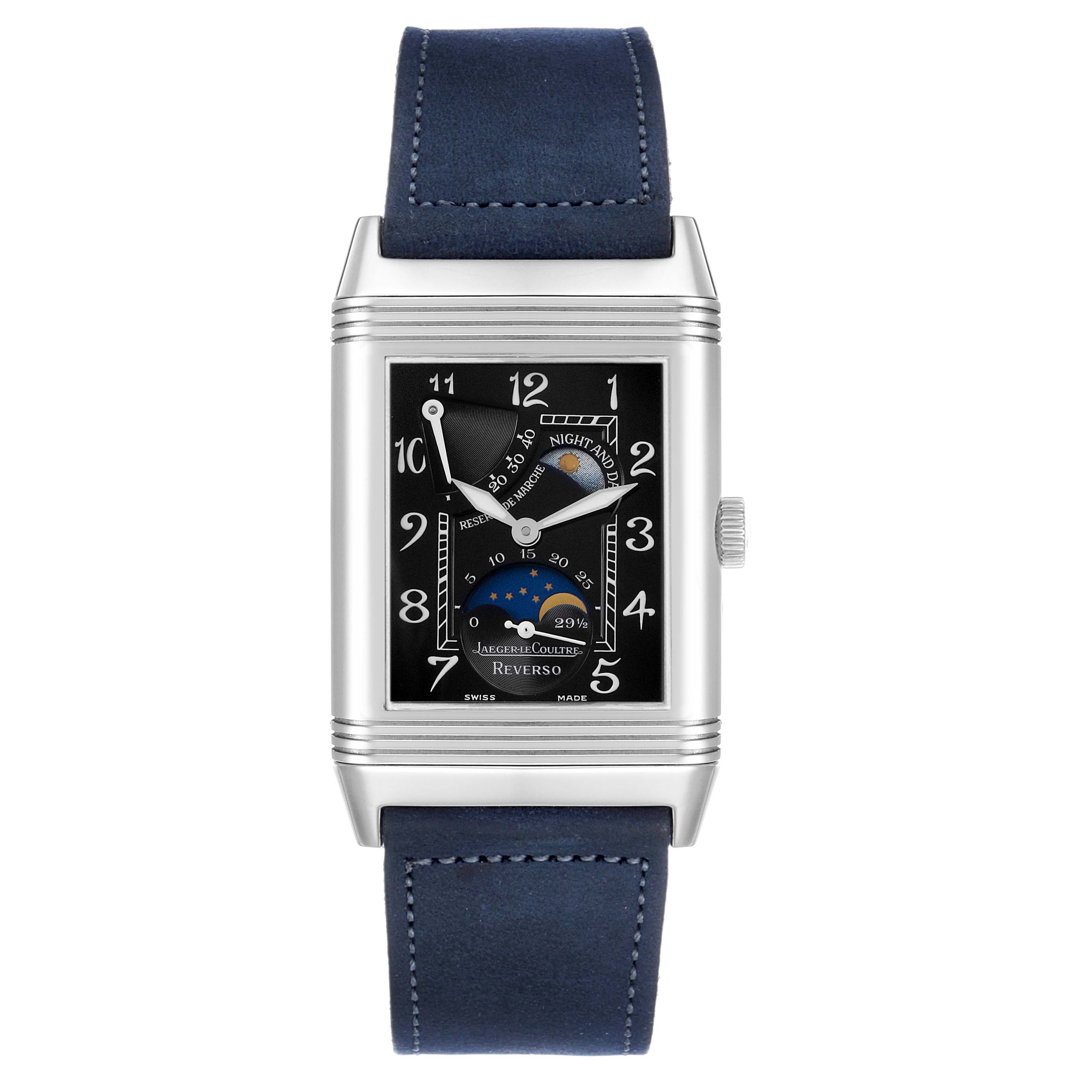 The Jaeger LeCoultre Reverso Q2753470 / 270.3.63 Men's White Gold Black Dial watch is shown from a front angle, displaying the face and crown with a leather strap.