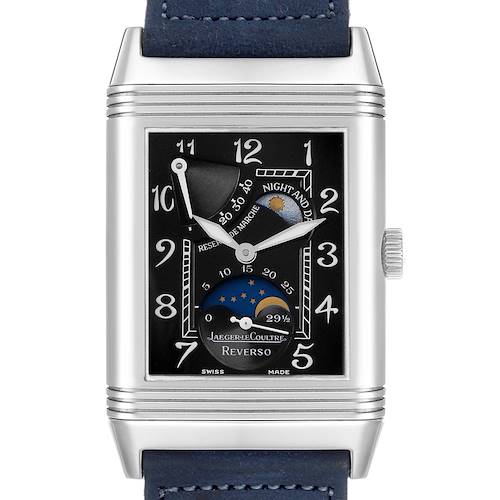 This Jaeger LeCoultre Reverso Q2753470 / 270.3.63 Men's White Gold Black Dial watch is shown from the front, displaying the dial with complications and a blue leather strap.