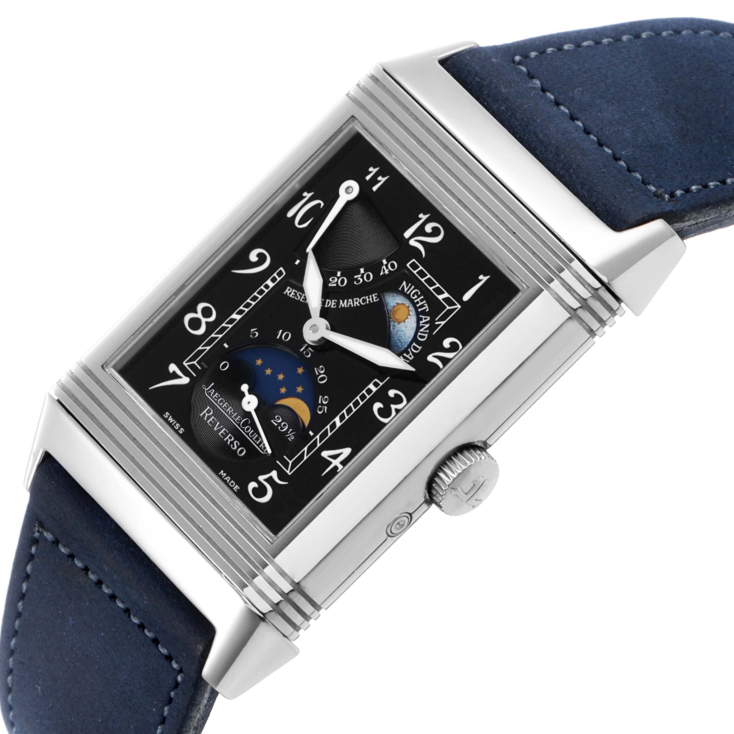 The Jaeger-LeCoultre Reverso watch is shown at an angle highlighting its rectangular face, dial details, crown, and strap.