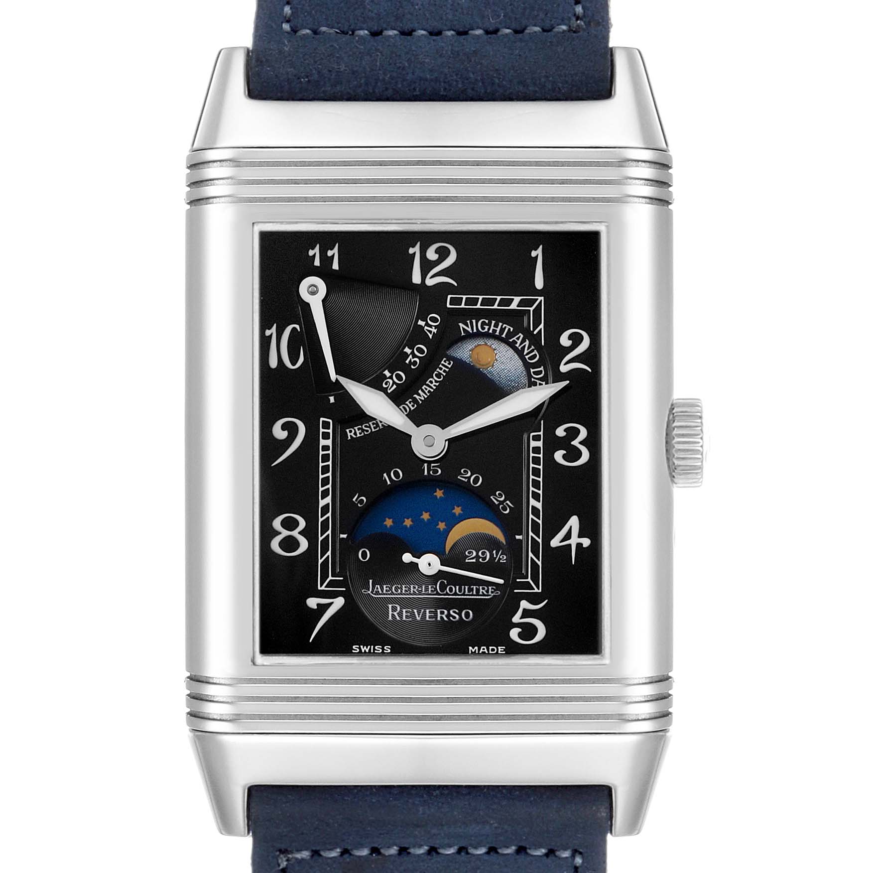 The Jaeger LeCoultre Reverso Q2753470 / 270.3.63 Men's White Gold Black Dial watch is shown from the front, highlighting its dial with Arabic numerals and complications.