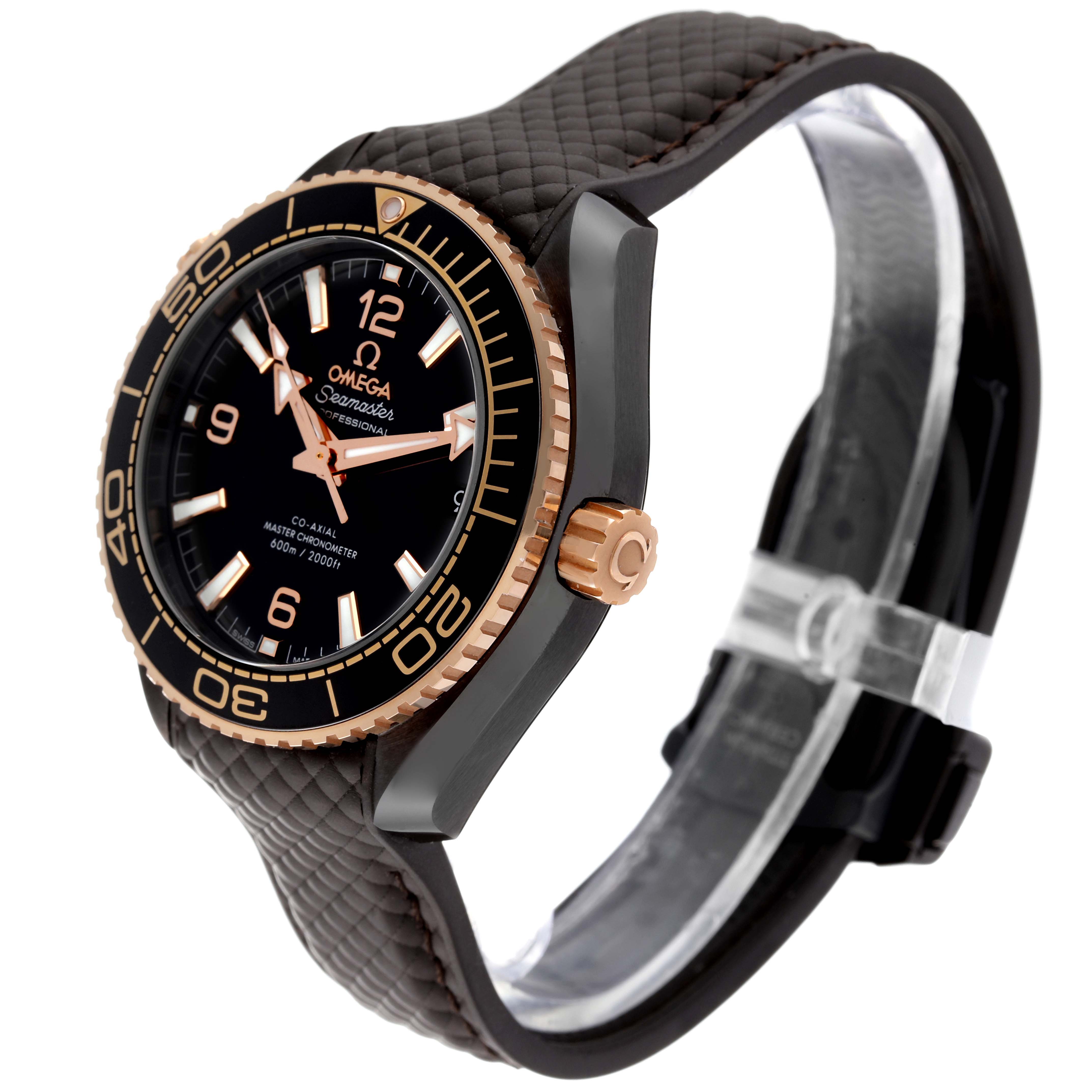 This image shows the Omega Planet Ocean 215.62.40.20.13.001 Men's Ceramic Brown Dial 215.62.40.20.13.001 Men's Ceramic Brown Dial watch from a three-quarter front angle, highlighting the face, bezel, crown, and strap.