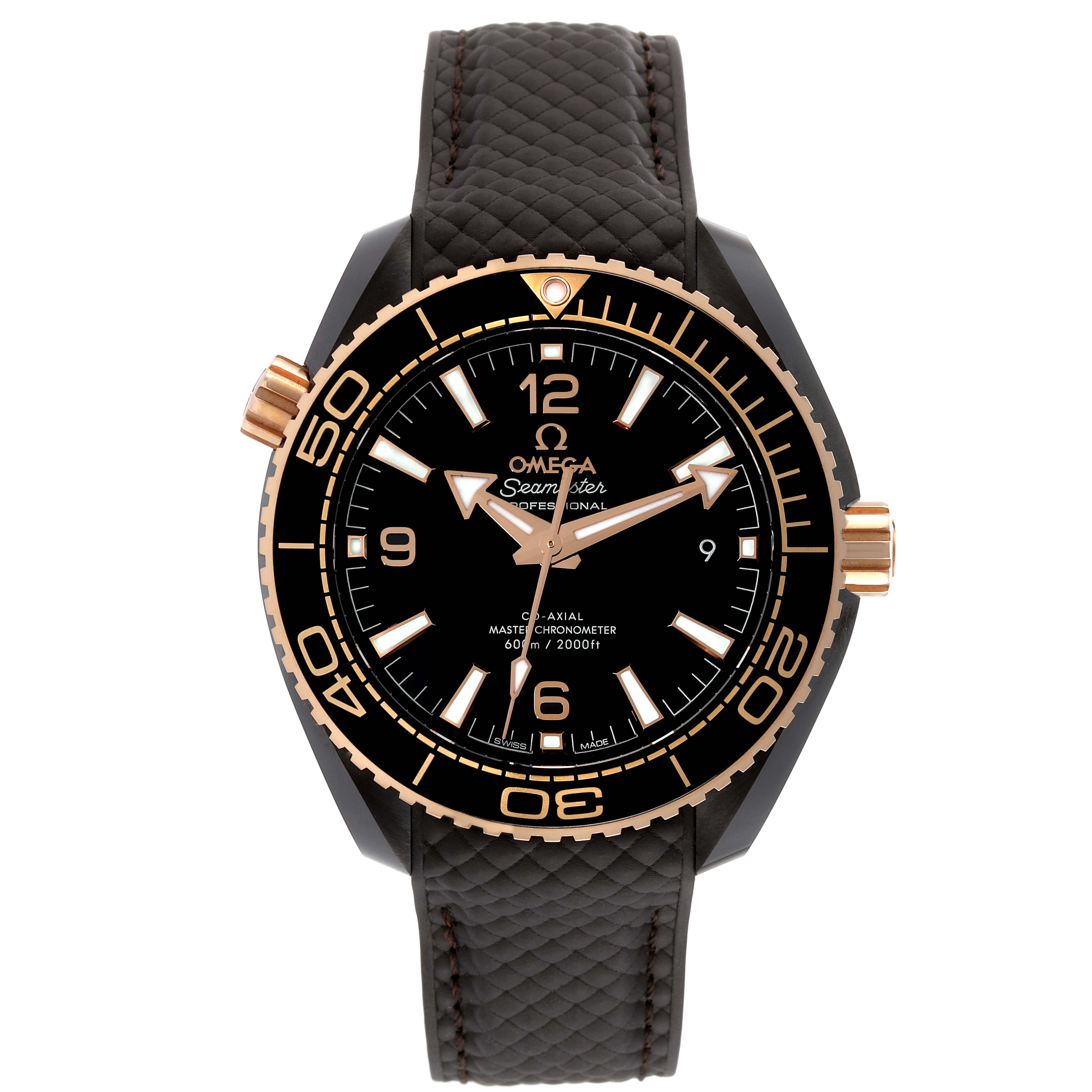 The image shows a front view of the Omega Planet Ocean 215.62.40.20.13.001 Men's Ceramic Brown Dial 215.62.40.20.13.001 Men's Ceramic Brown Dial watch, highlighting the dial, bezel, crown, and strap.