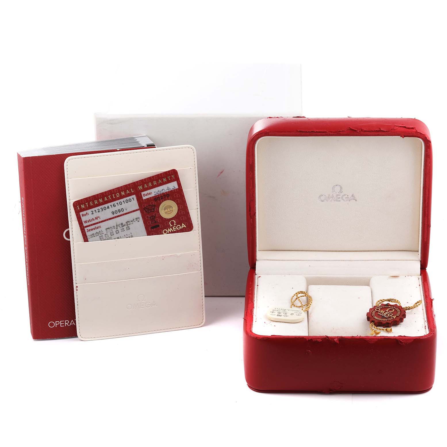 The image shows Omega Seamaster 212.30.41.61.01.001 Men's Stainless Steel Black Dial 212.30.41.61.01.001 Men's Stainless Steel Black Dial accessories, including a box, international warranty card, and tags, angled from the front.