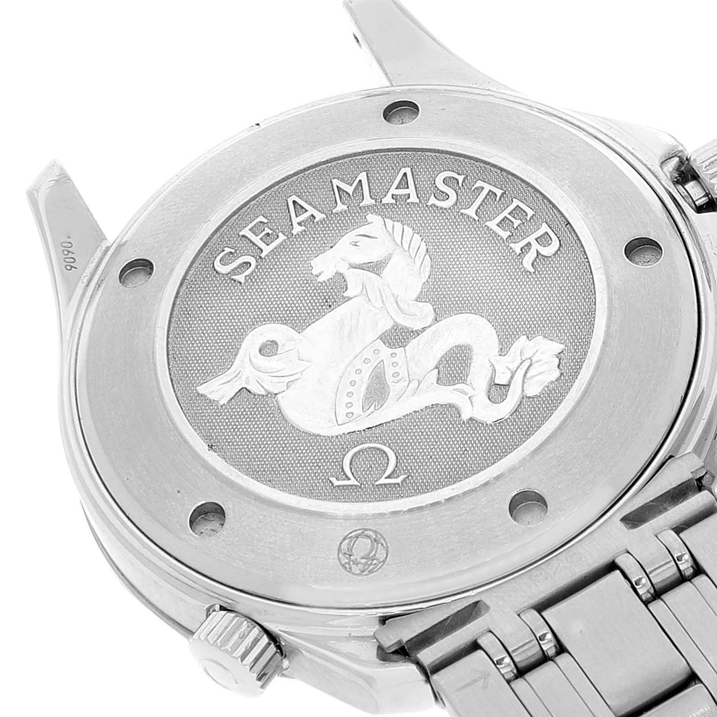 The image shows the case back of an Omega Seamaster 212.30.41.61.01.001 Men's Stainless Steel Black Dial 212.30.41.61.01.001 Men's Stainless Steel Black Dial watch, featuring the Seamaster logo.