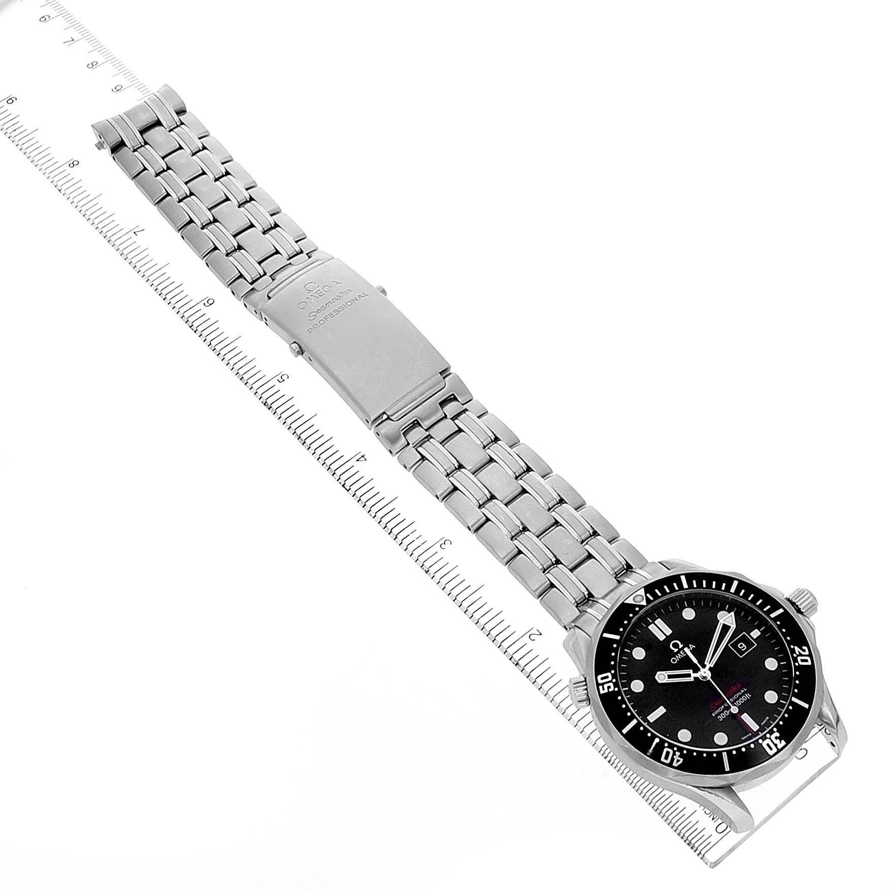 The image shows a top-down view of the Omega Seamaster 212.30.41.61.01.001 Men's Stainless Steel Black Dial 212.30.41.61.01.001 Men's Stainless Steel Black Dial watch, highlighting its face, bezel, and metal bracelet.