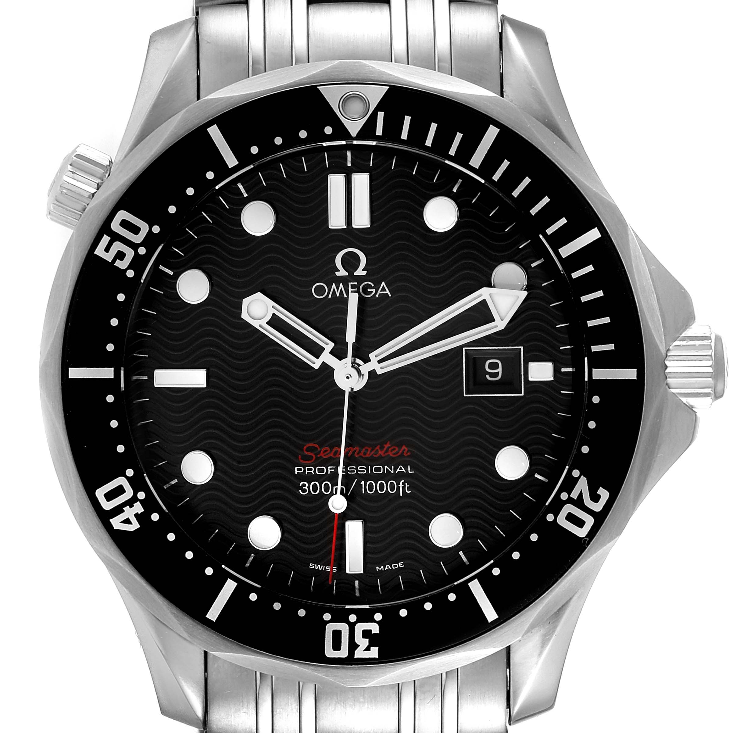 The image shows a front view of an Omega Seamaster 212.30.41.61.01.001 Men's Stainless Steel Black Dial 212.30.41.61.01.001 Men's Stainless Steel Black Dial watch displaying its black dial, date window, and stainless steel bezel and bracelet.
