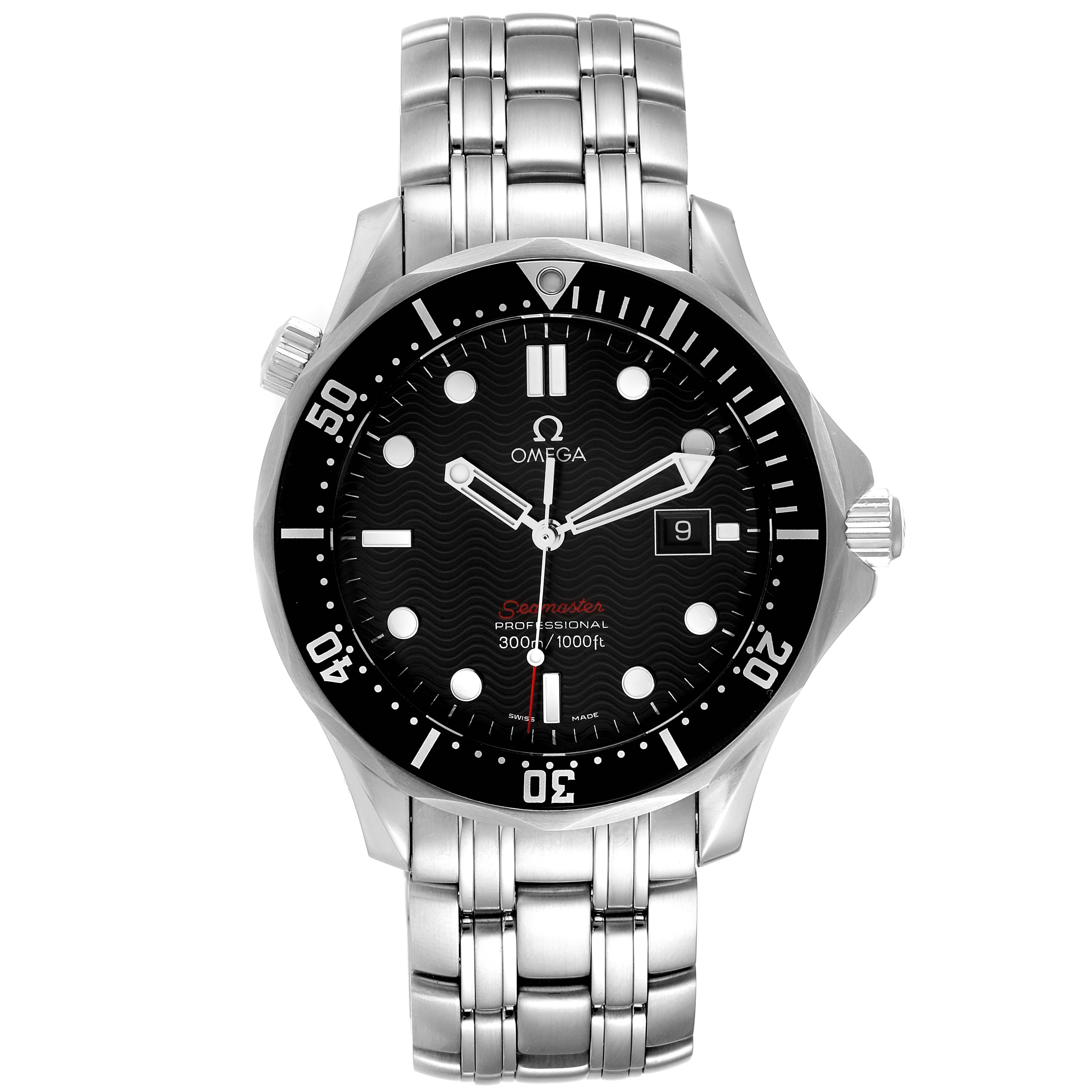 The Omega Seamaster 212.30.41.61.01.001 Men's Stainless Steel Black Dial 212.30.41.61.01.001 Men's Stainless Steel Black Dial watch is shown from a front angle, displaying the face, bezel, dial, and stainless steel bracelet.