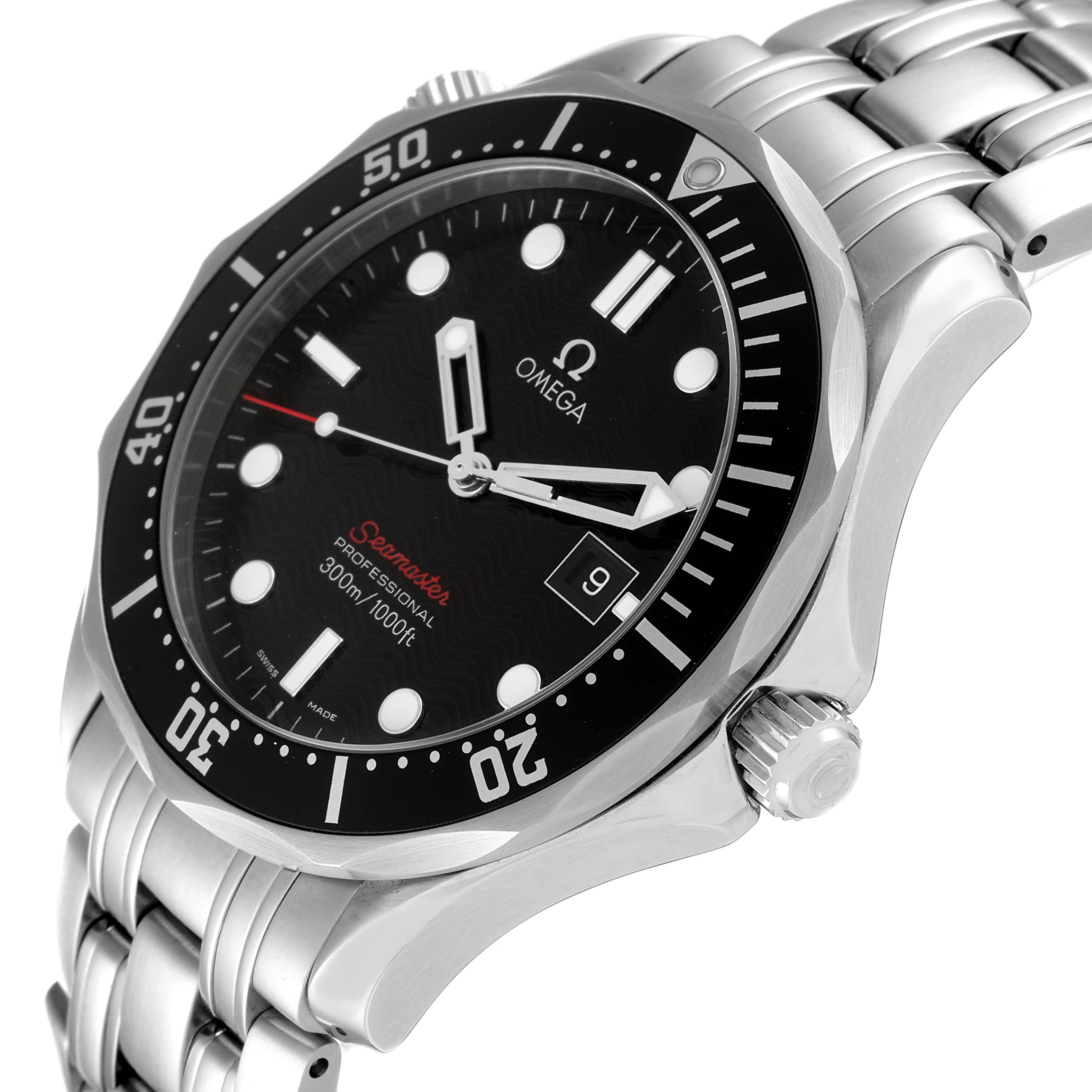 The Omega Seamaster 212.30.41.61.01.001 Men's Stainless Steel Black Dial 212.30.41.61.01.001 Men's Stainless Steel Black Dial watch is shown from an angled side view, highlighting the face, bezel, and metal bracelet.