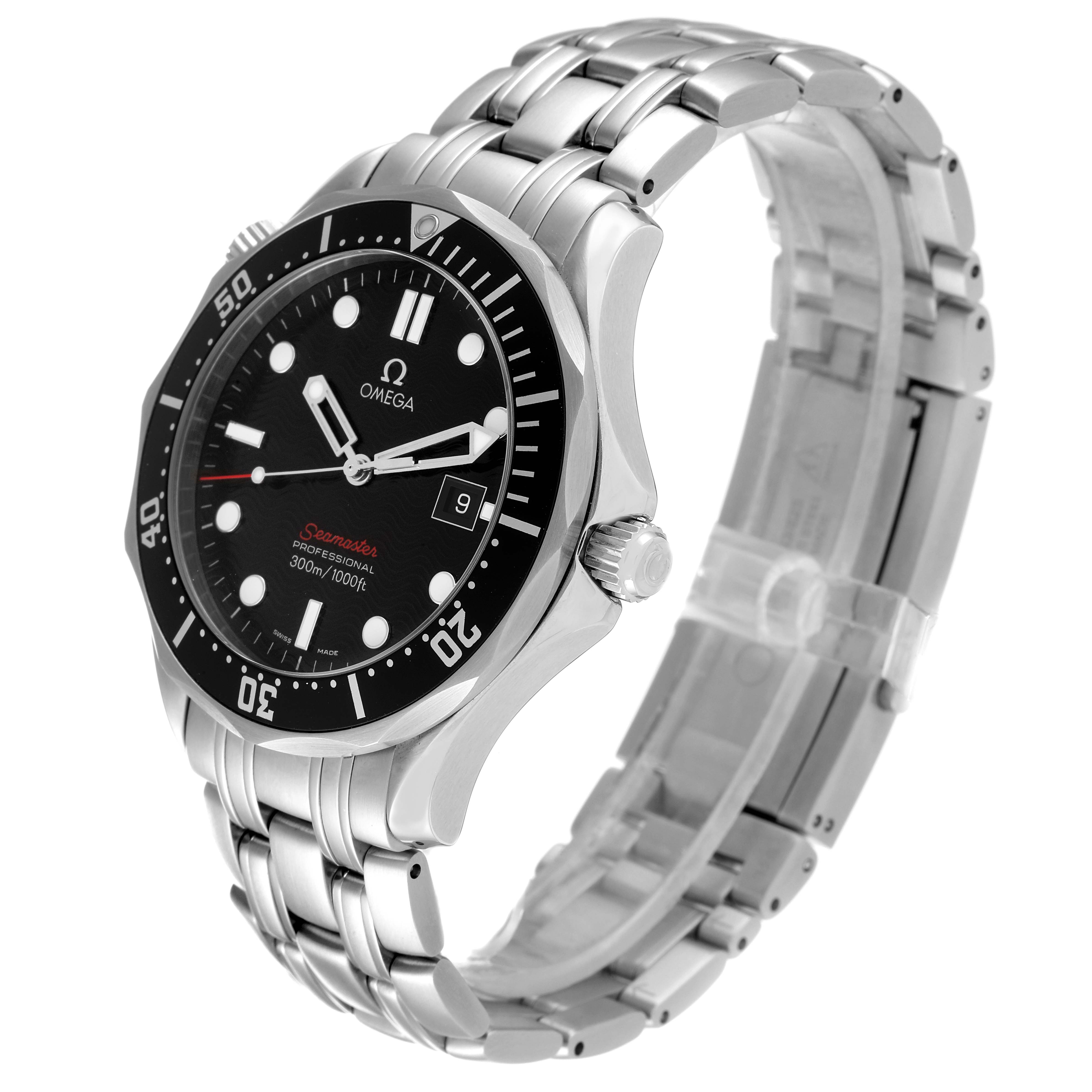 The Omega Seamaster 212.30.41.61.01.001 Men's Stainless Steel Black Dial 212.30.41.61.01.001 Men's Stainless Steel Black Dial watch is shown at a three-quarter angle, highlighting its dial, bezel, crown, and stainless steel bracelet.