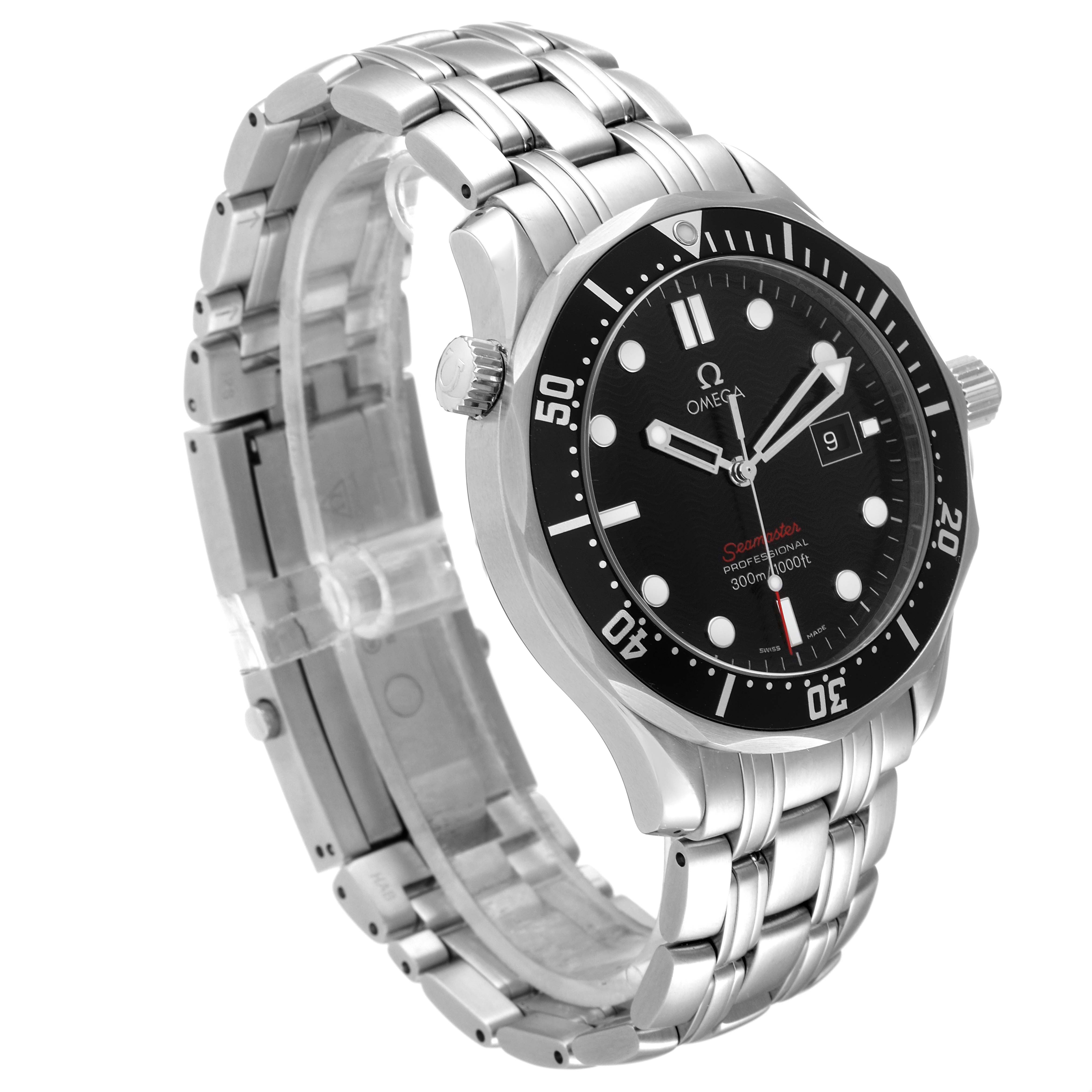 The image shows a side angle of the Omega Seamaster 212.30.41.61.01.001 Men's Stainless Steel Black Dial 212.30.41.61.01.001 Men's Stainless Steel Black Dial watch, highlighting its stainless steel bracelet, bezel, and face.