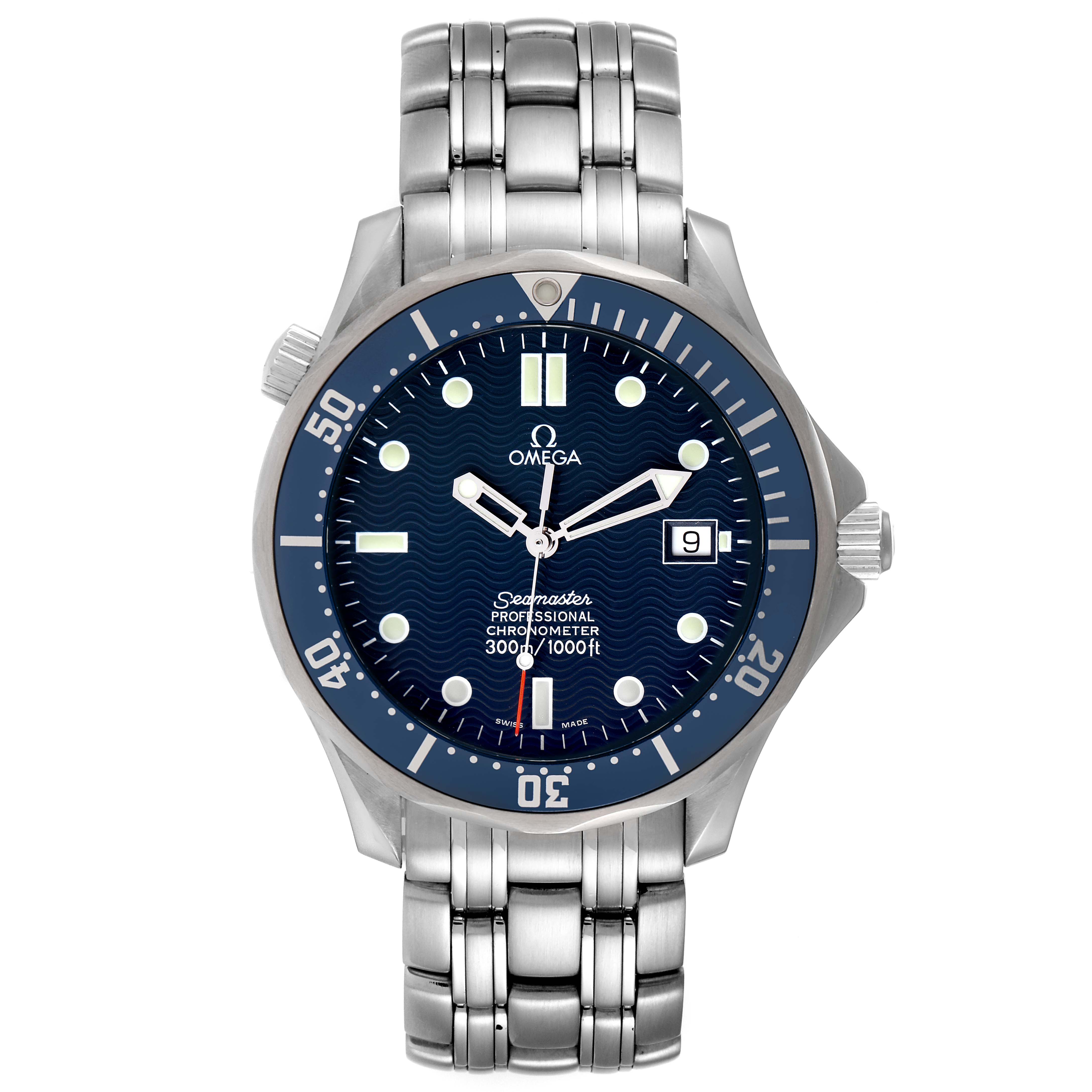 The image shows a front view of an Omega Seamaster 2531.80.00 Men's Stainless Steel Blue Dial 2531.80.00 Men's Stainless Steel Blue Dial watch, displaying its bezel, dial, hands, and stainless steel bracelet.