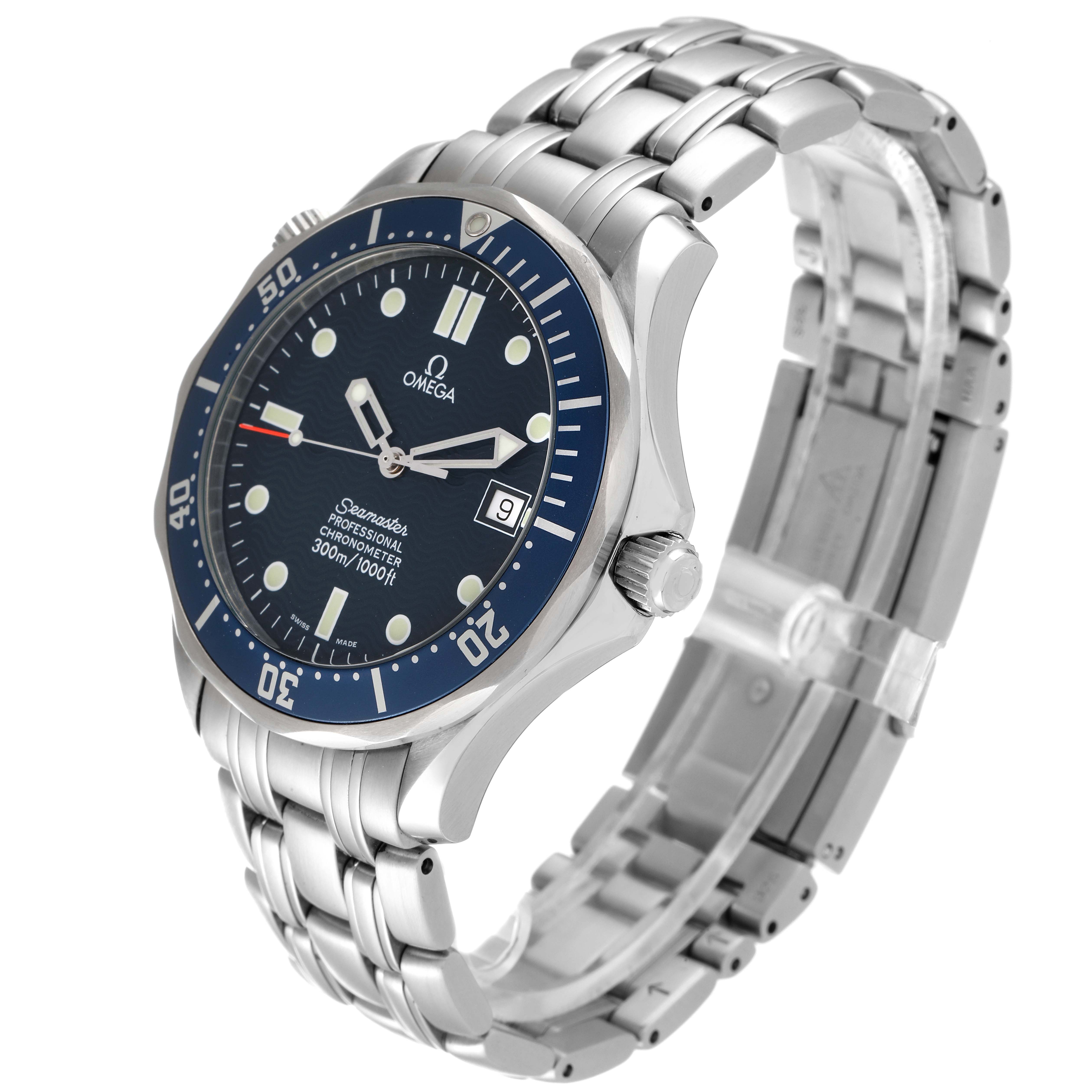 The Omega Seamaster 2531.80.00 Men's Stainless Steel Blue Dial 2531.80.00 Men's Stainless Steel Blue Dial watch is shown at a three-quarter angle, highlighting its face, bezel, crown, and stainless steel bracelet.