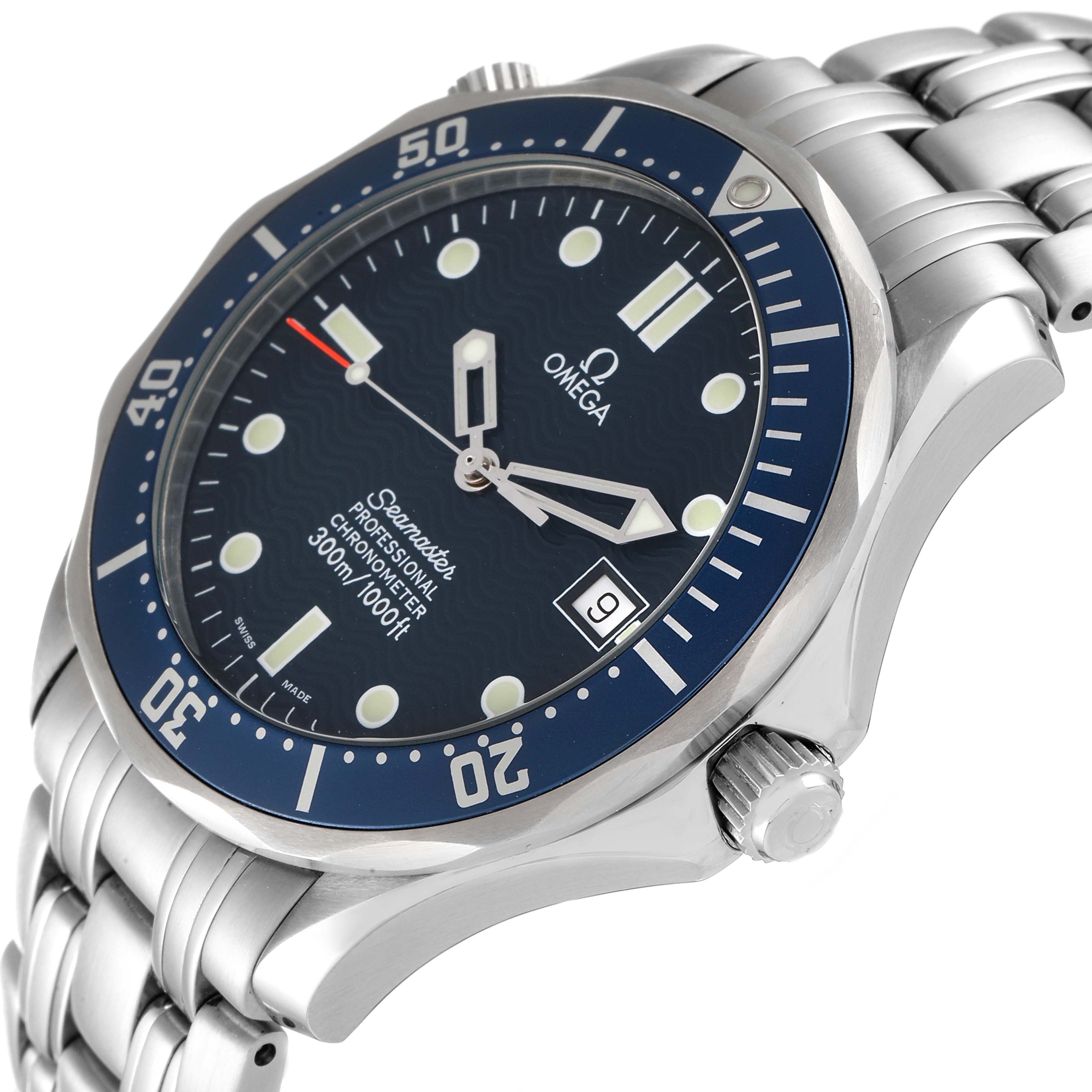 The image shows a close-up of the Omega Seamaster 2531.80.00 Men's Stainless Steel Blue Dial 2531.80.00 Men's Stainless Steel Blue Dial watch from an angled side view, highlighting the face, bezel, crown, and part of the bracelet.