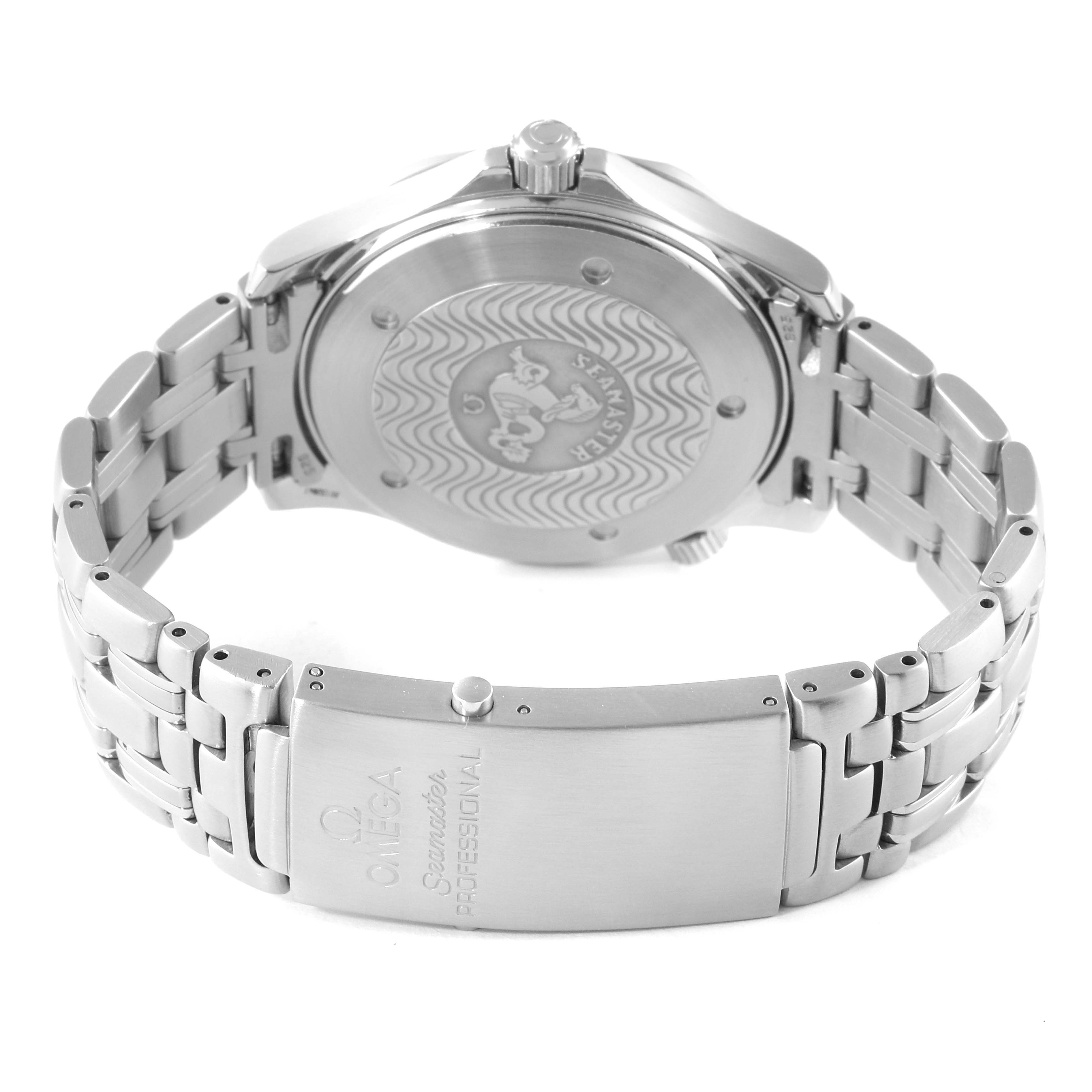 The image shows the back case, crown, and bracelet of an Omega Seamaster 2531.80.00 Men's Stainless Steel Blue Dial 2531.80.00 Men's Stainless Steel Blue Dial watch, focusing on the clasp and engraved back.