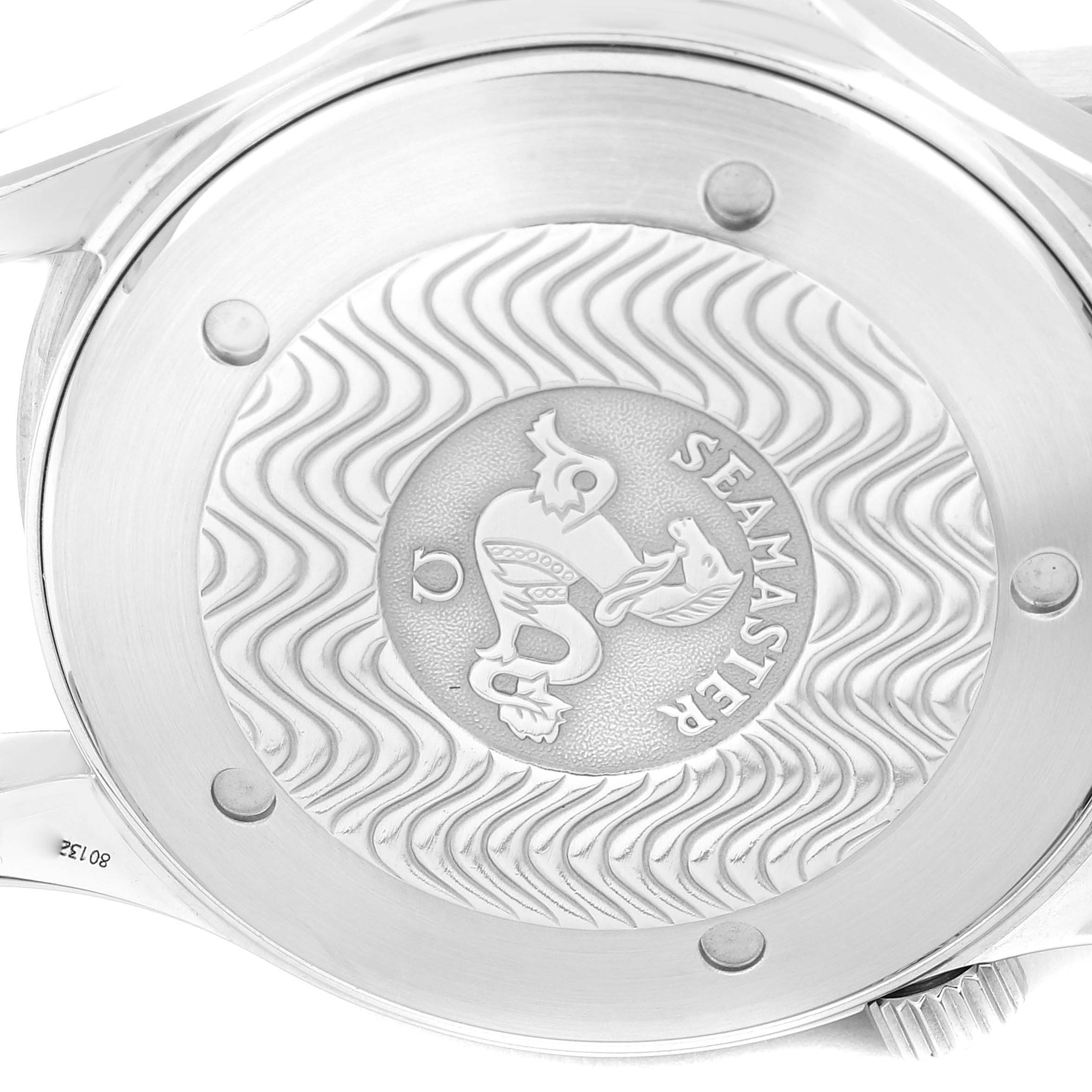 This image shows the case back of an Omega Seamaster 2531.80.00 Men's Stainless Steel Blue Dial 2531.80.00 Men's Stainless Steel Blue Dial watch, featuring the signature emblem and wavy pattern.