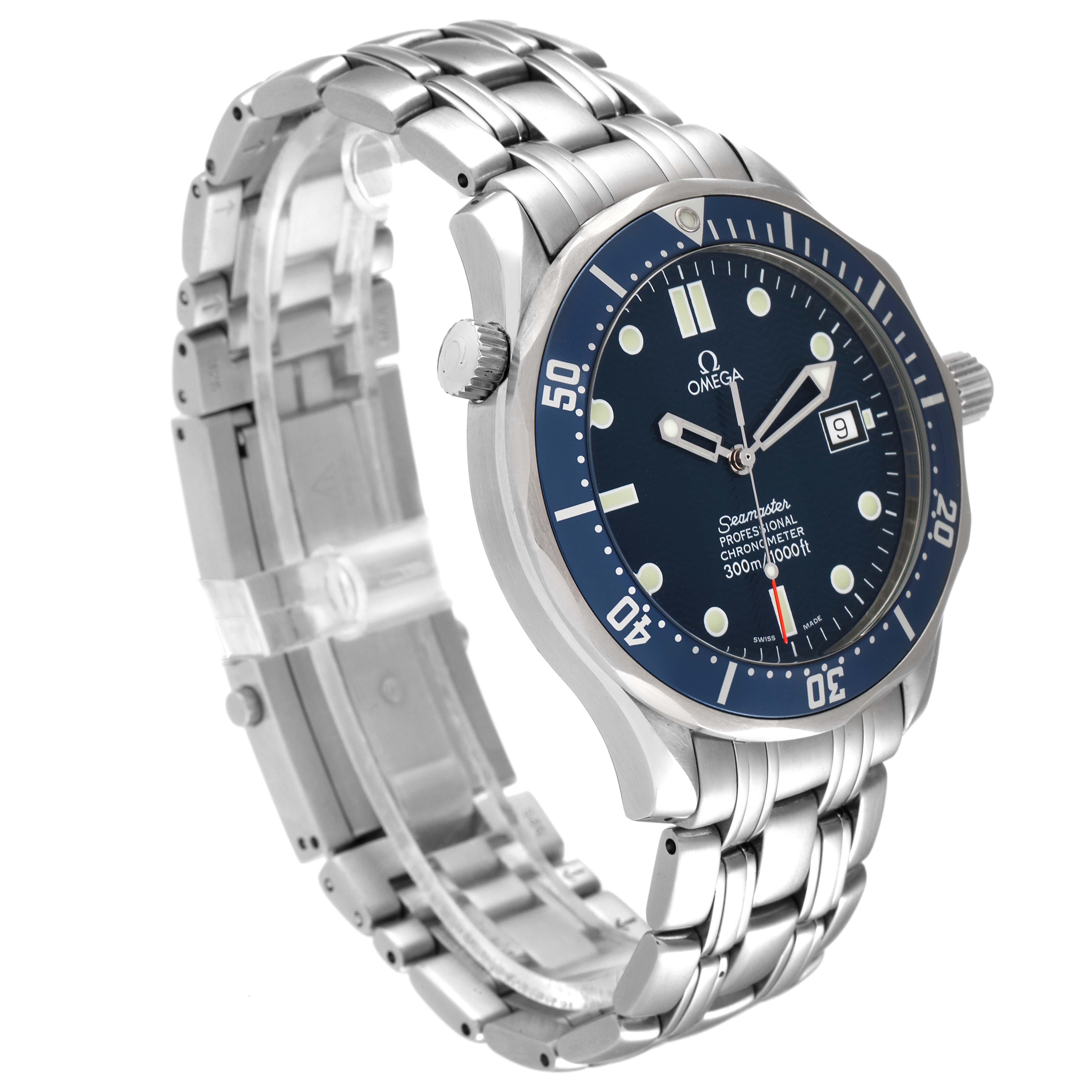 A close-up angle showing the face, bezel, crown, and bracelet of the Omega Seamaster 2531.80.00 Men's Stainless Steel Blue Dial 2531.80.00 Men's Stainless Steel Blue Dial watch.