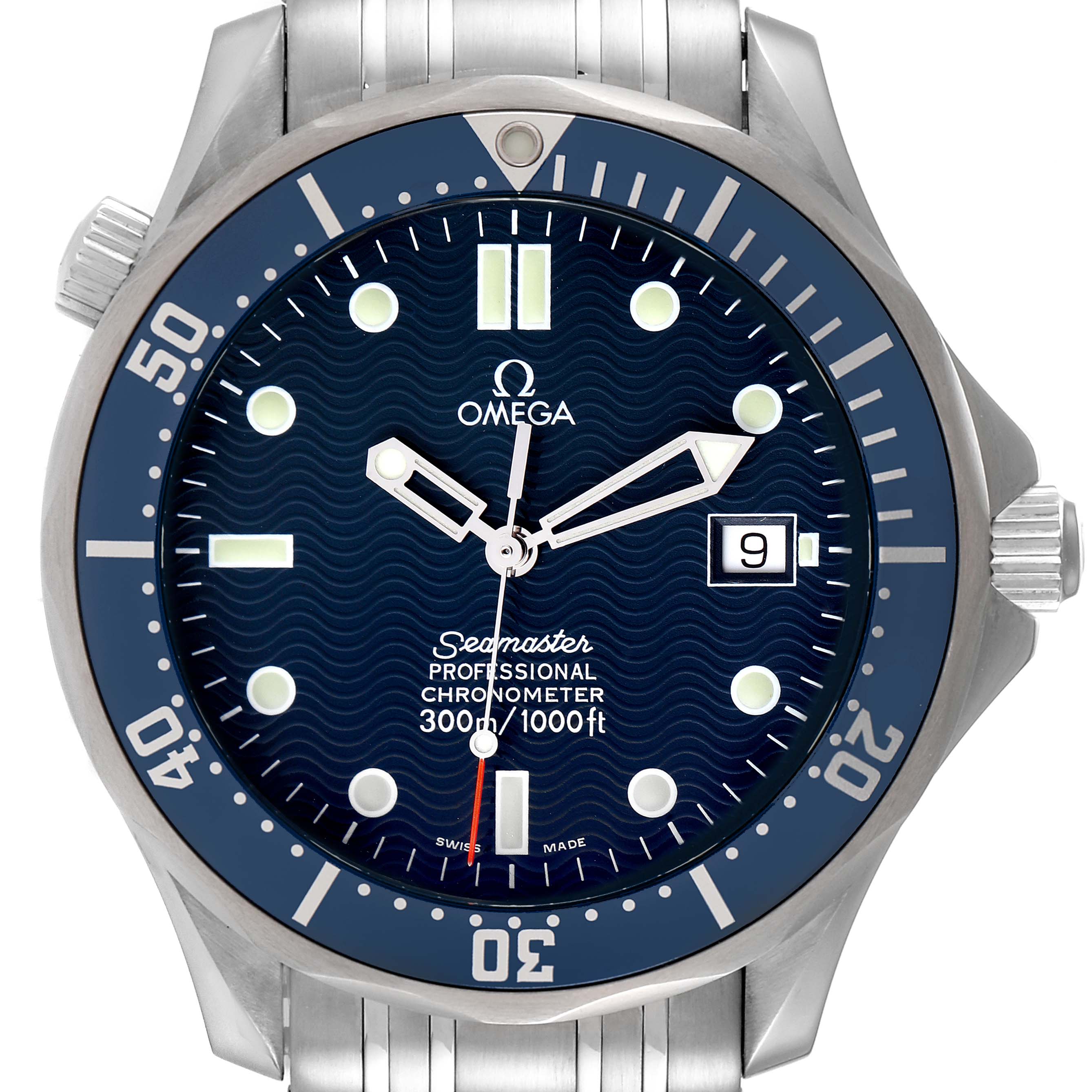 This image shows a front view of an Omega Seamaster 2531.80.00 Men's Stainless Steel Blue Dial 2531.80.00 Men's Stainless Steel Blue Dial watch, highlighting the dial, bezel, and part of the bracelet.
