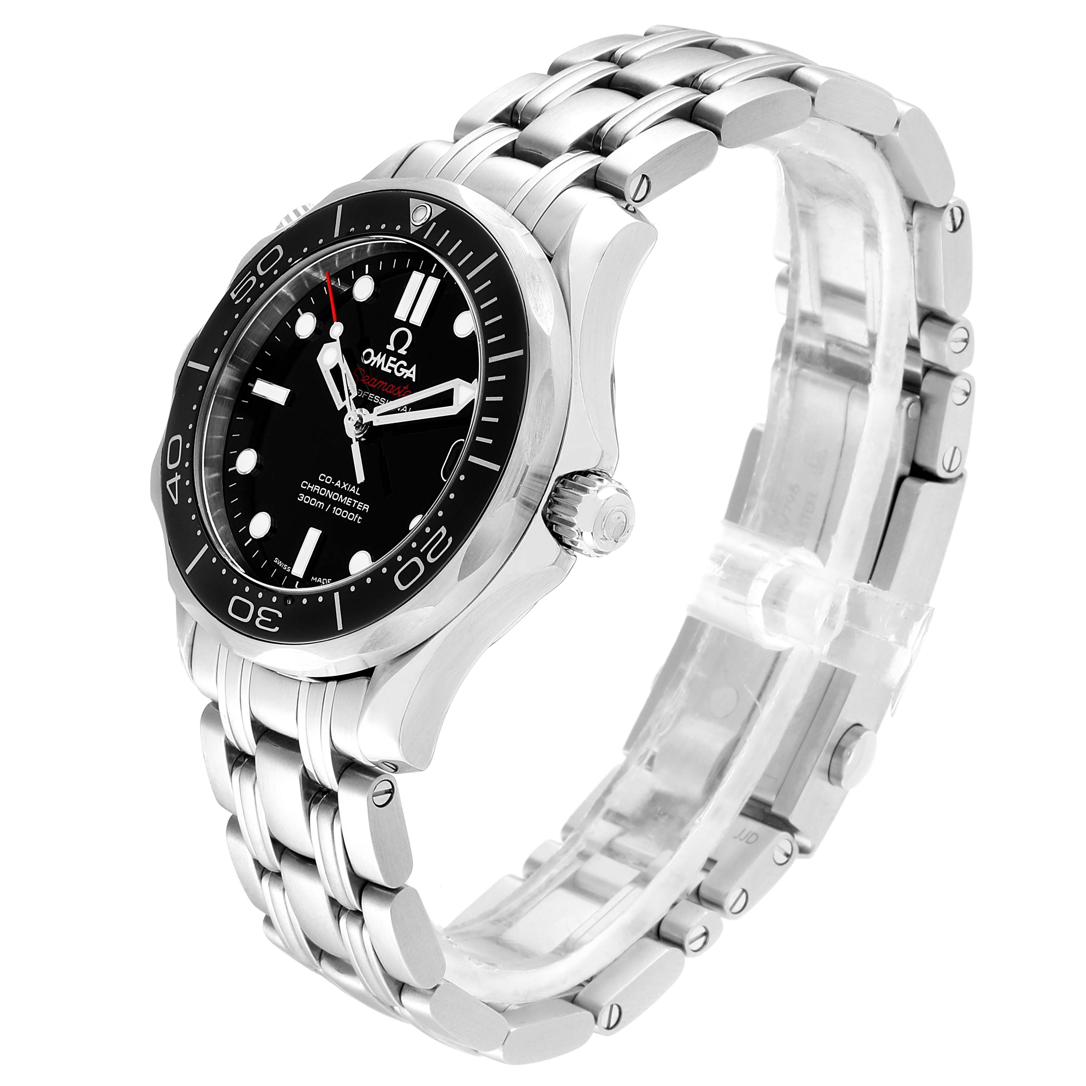 The image shows an Omega Seamaster 212.30.36.20.01.002  Men
s Stainless Steel Black Dial 212.30.36.20.01.002  Men
s Stainless Steel Black Dial watch at a slight angle, highlighting the face, bezel, crown, and part of the stainless steel bracelet.