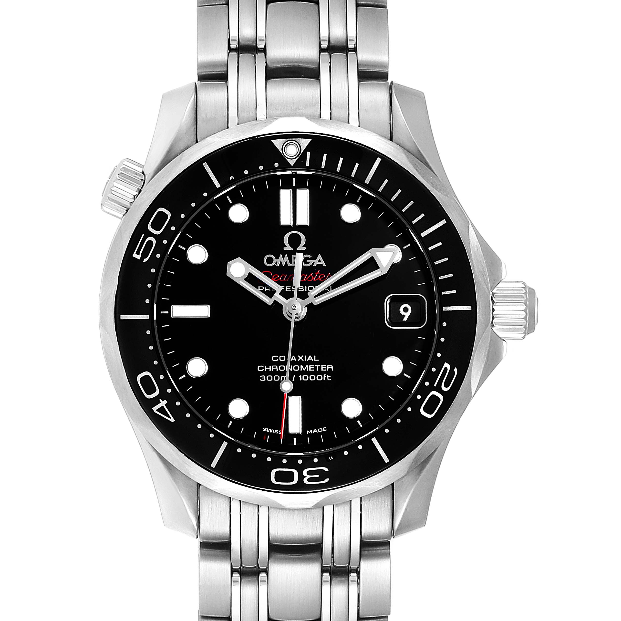 The Omega Seamaster 212.30.36.20.01.002  Men
s Stainless Steel Black Dial 212.30.36.20.01.002  Men
s Stainless Steel Black Dial watch is shown from the front, displaying its dial, bezel, and stainless steel bracelet.