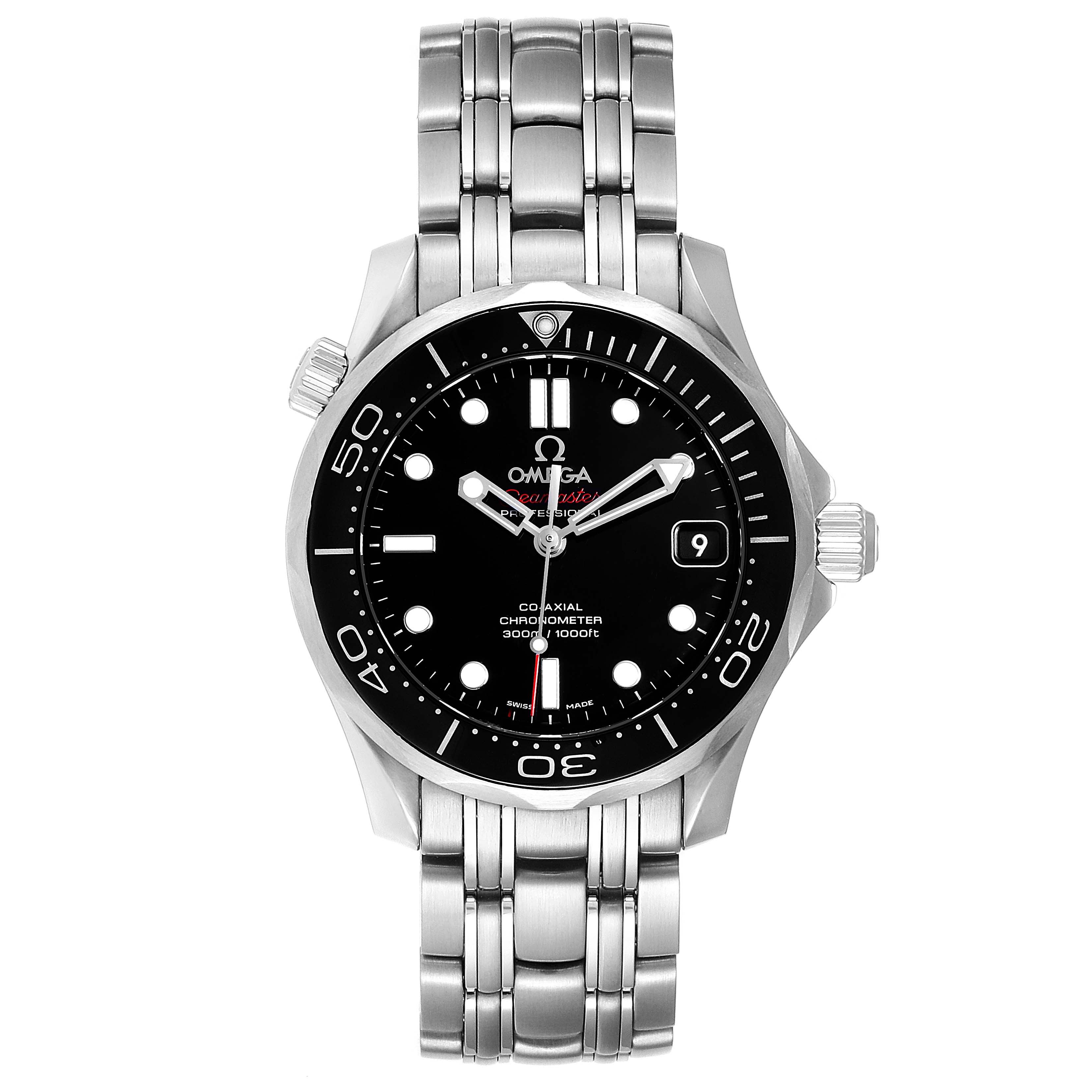 The image shows a frontal view of the Omega Seamaster 212.30.36.20.01.002  Men
s Stainless Steel Black Dial 212.30.36.20.01.002  Men
s Stainless Steel Black Dial watch, showcasing its black dial, bezel, and stainless steel bracelet.