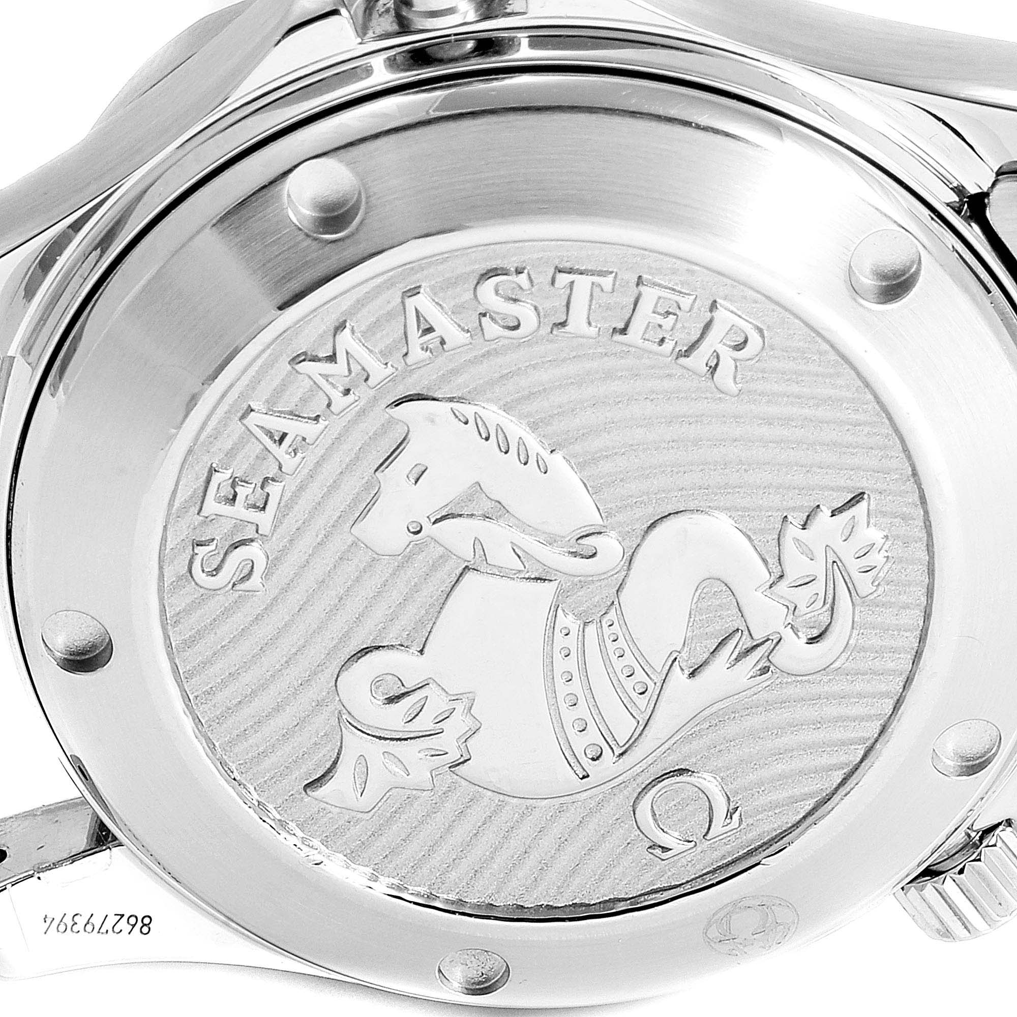 The image shows the back case of an Omega Seamaster 212.30.36.20.01.002  Men
s Stainless Steel Black Dial 212.30.36.20.01.002  Men
s Stainless Steel Black Dial watch with engravings and logo.