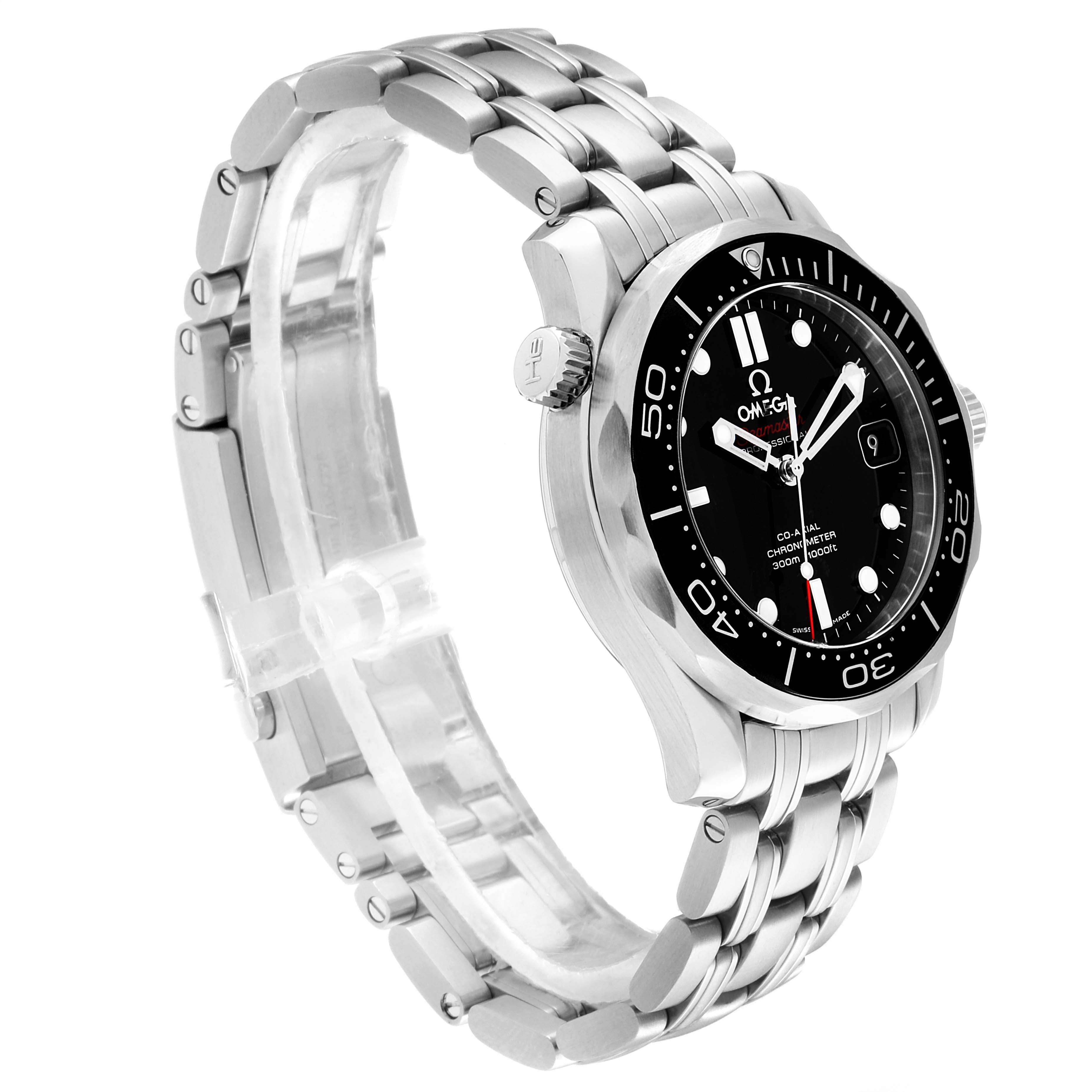 The Omega Seamaster 212.30.36.20.01.002  Men
s Stainless Steel Black Dial 212.30.36.20.01.002  Men
s Stainless Steel Black Dial watch is shown at a three-quarter angle, displaying the face, bezel, and stainless steel bracelet.