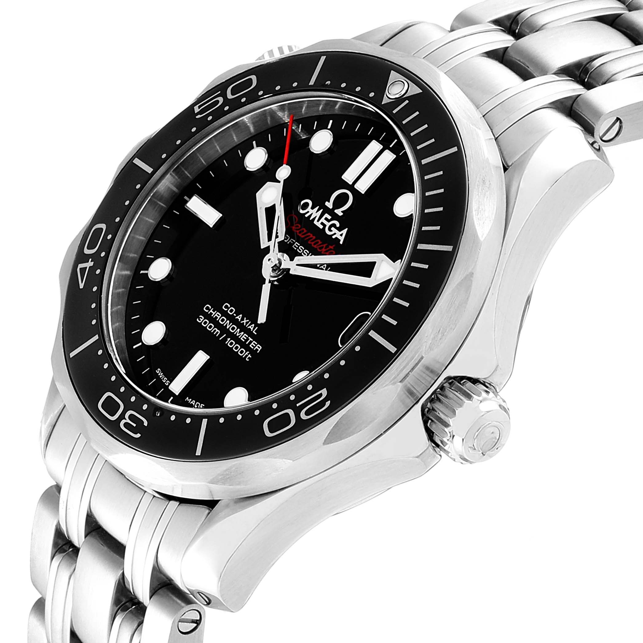 The image shows an Omega Seamaster 212.30.36.20.01.002  Men
s Stainless Steel Black Dial 212.30.36.20.01.002  Men
s Stainless Steel Black Dial watch angled to display the face, bezel, crown, and part of the bracelet.