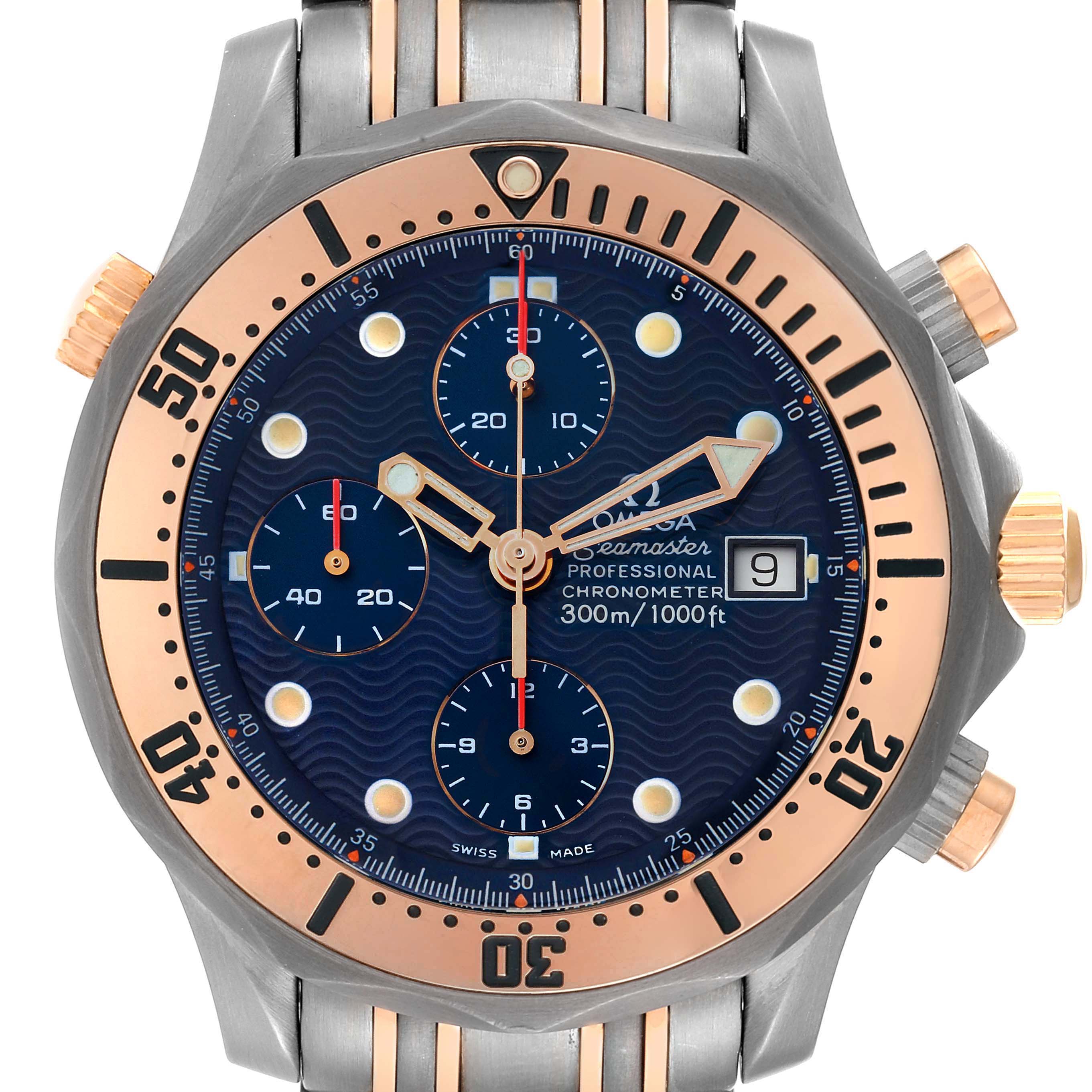 The image shows a frontal view of the Omega Seamaster 2296.80.00 Men's Titanium Blue Dial 2296.80.00 Men's Titanium Blue Dial watch, highlighting the dial, date display, and chronograph buttons.