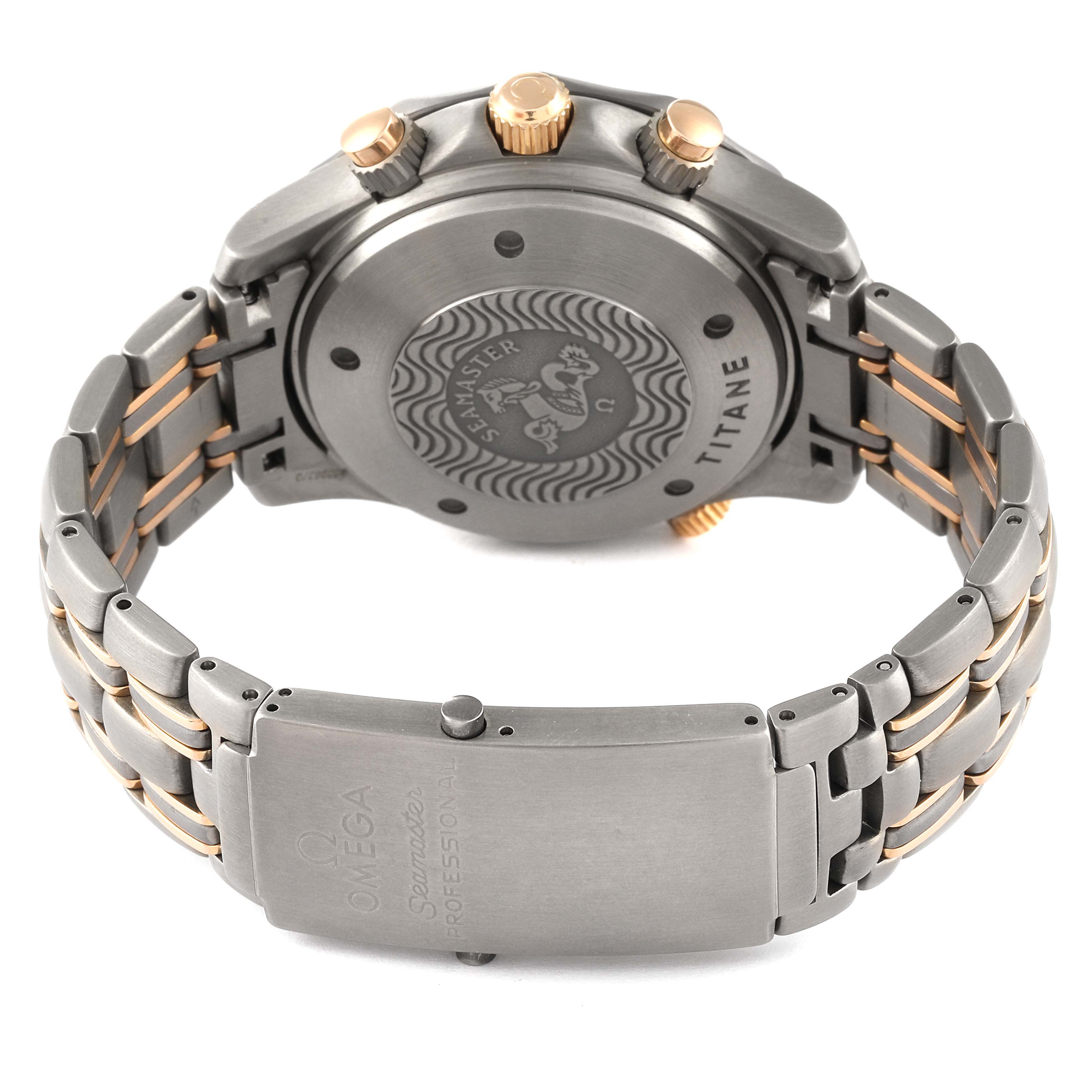 The image shows the back case, crown, and bracelet of the Omega Seamaster 2296.80.00 Men's Titanium Blue Dial 2296.80.00 Men's Titanium Blue Dial watch.