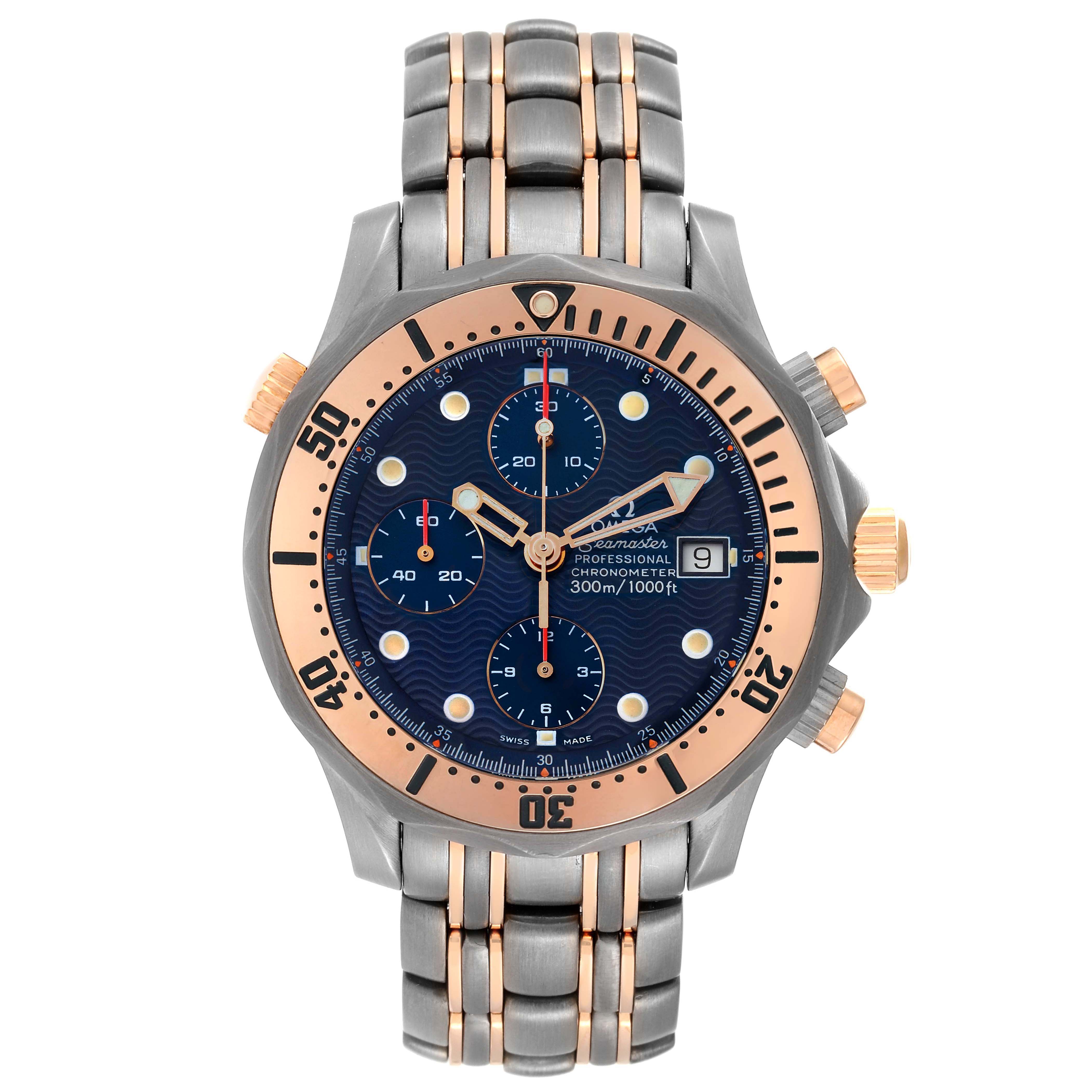 The watch, an Omega Seamaster 2296.80.00 Men's Titanium Blue Dial 2296.80.00 Men's Titanium Blue Dial model, is shown from a front angle displaying the face, bezel, and bracelet.